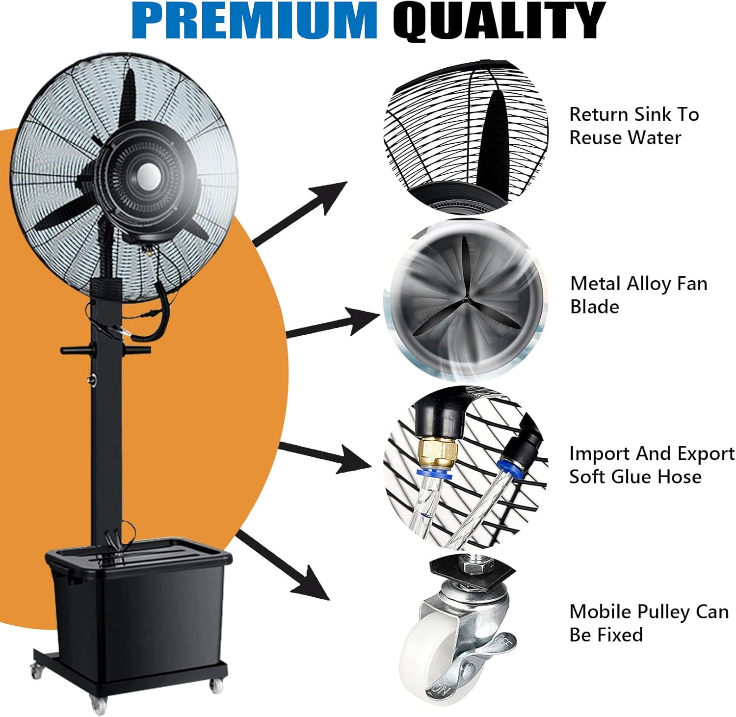 Outdoor Misting Oscillating Pedestal Fan with 3 Speeds, Black Cooling Fan for Backyards, Patios and More, 45L Large Capacity Tank