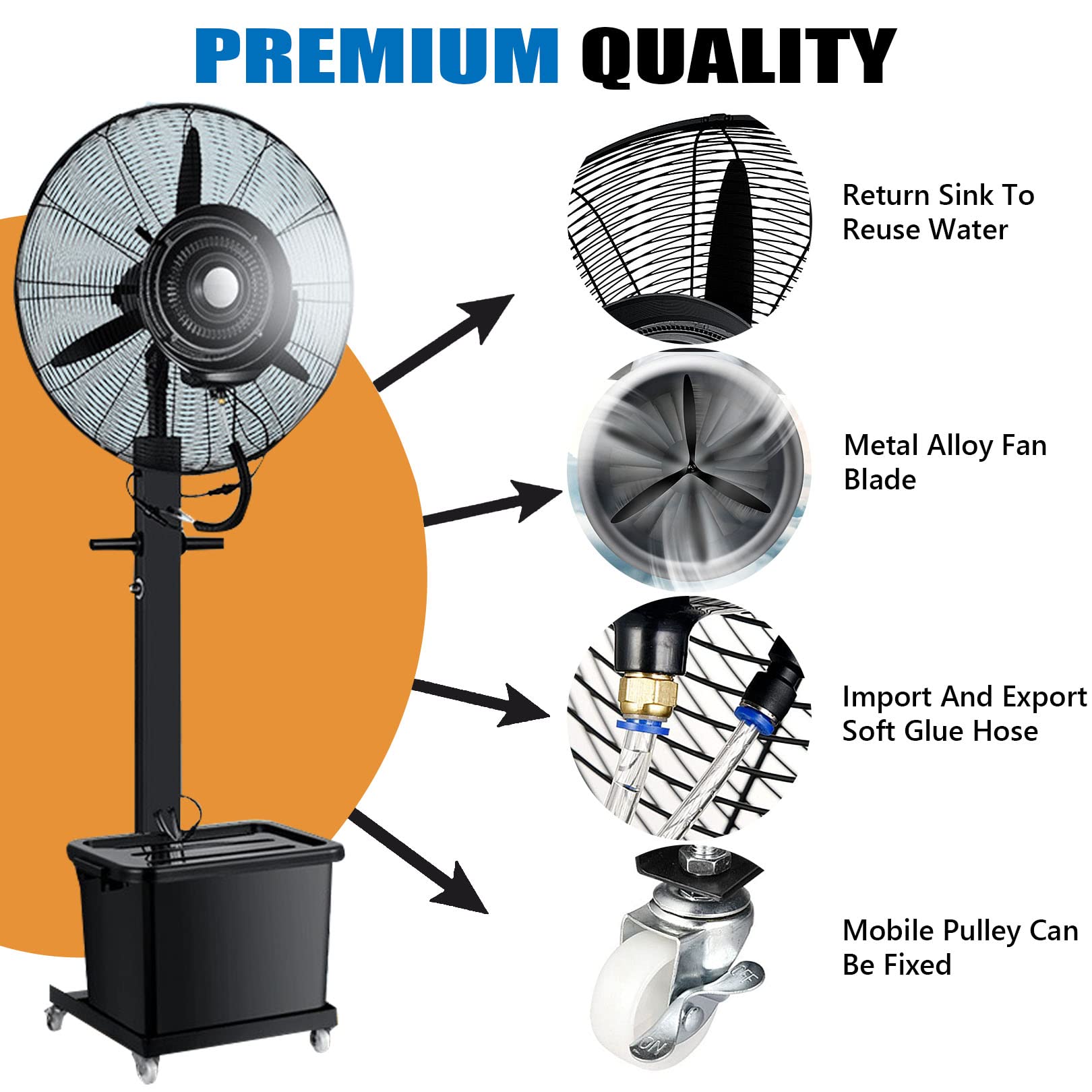 Ventilador de nebulización, diseño de pedestal oscilante con depósito de agua de 45 litros para uso en exteriores, ideal para patio trasero y patio, 71 cm de alto, refrigeración ajustable para días