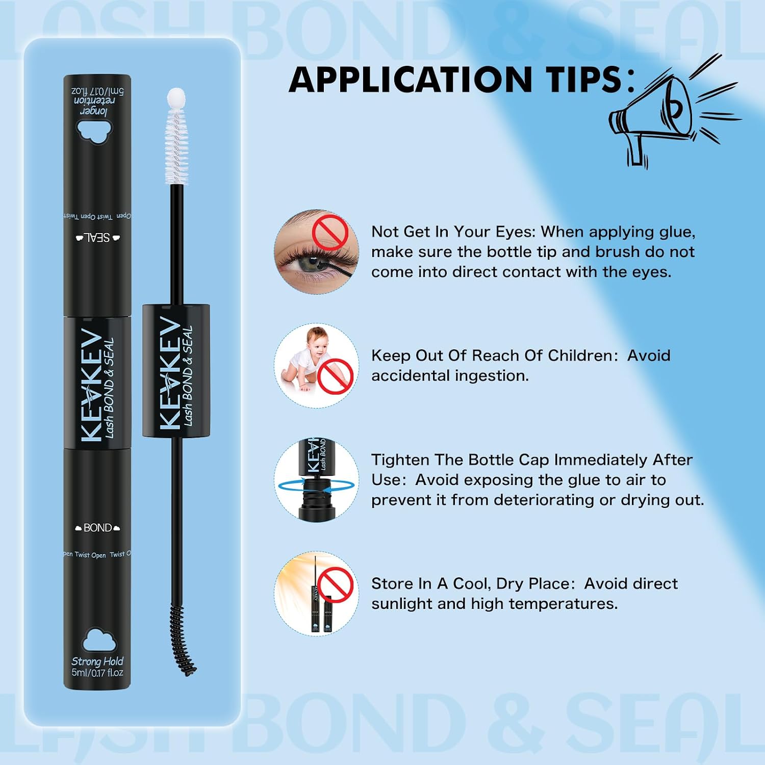 KEVKEV Lash Cluster Glue, Bond And Seal Lash Glue, 2 in 1 Waterproof Lash Bond & Seal for Clusters Strong Hold 72H+ Oilproof Latex-Free Easy To Apply (10ml, Black)