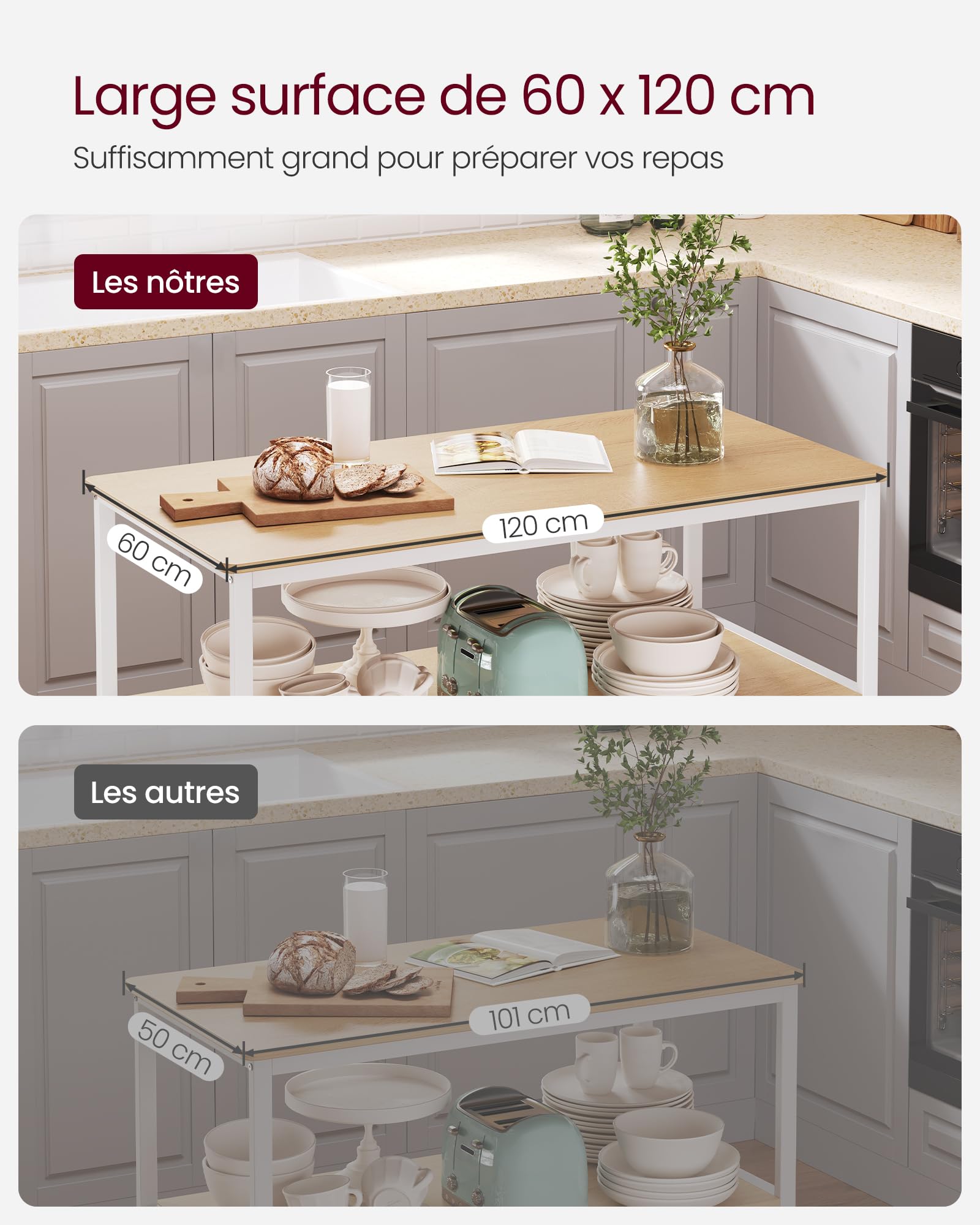 VASAGLE Îlot de Cuisine avec Grand Plan de Travail, Étagère de Cuisine à 3 Niveaux, Cadre en Acier, 60 x 120 x 90 cm, Style Moderne, Montage Facile, Couleur Chêne et Blanc KKI001W09