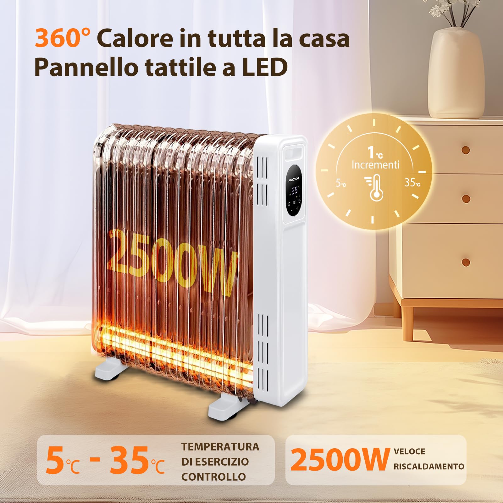 Aigostar Radiatore ad Olio 2500W, 13 Elementi Riscaldatore Elettrico Portatile, 3 Livelli di Calore, Modalità ECO, Timer 24H, Touch screen digitale, Telecomando, Hyperheat, Protezione Multipla, 60mq