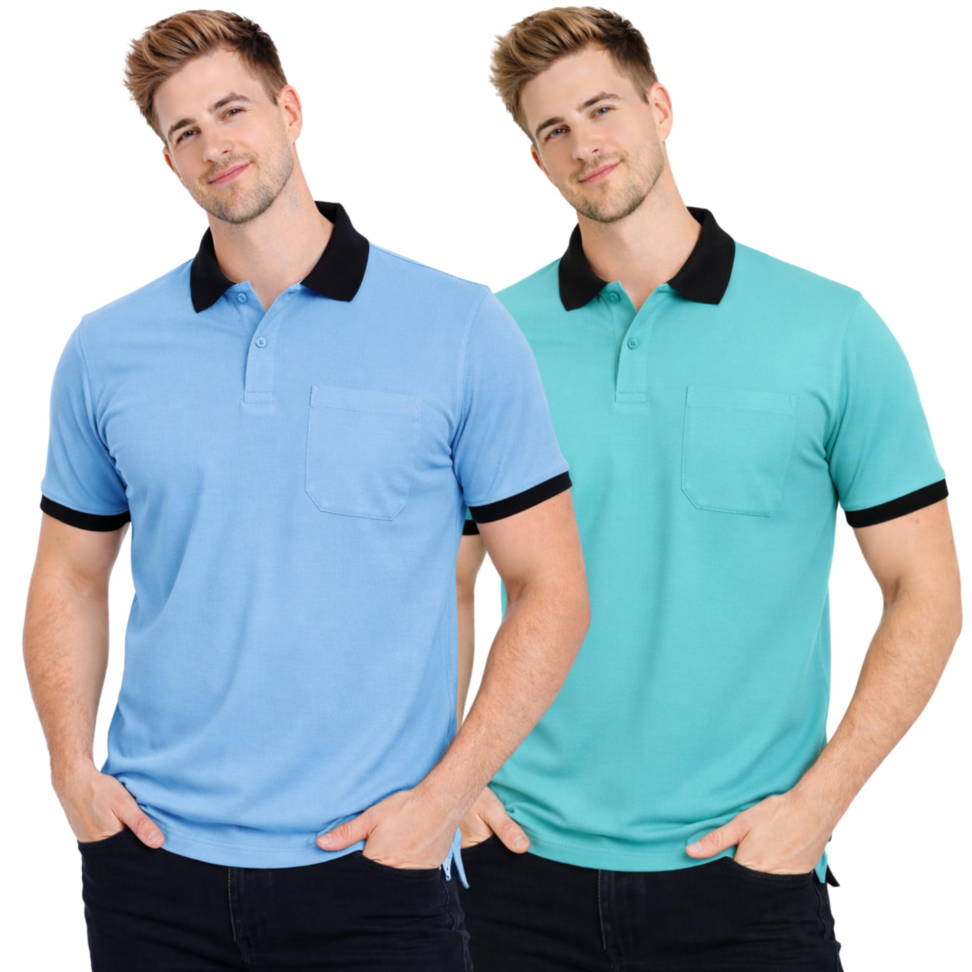 sman Polo Neck T-Shirt Combo Pack of 2 for Men & Boys | Half Sleeve Contrast Collar Tee with Pocket | Spun Matty Fabric Regular Fit | Casual & Office Wear | Sizes S to 6XL | FX_PO2_MCR_CNT_Sky-picture-23
