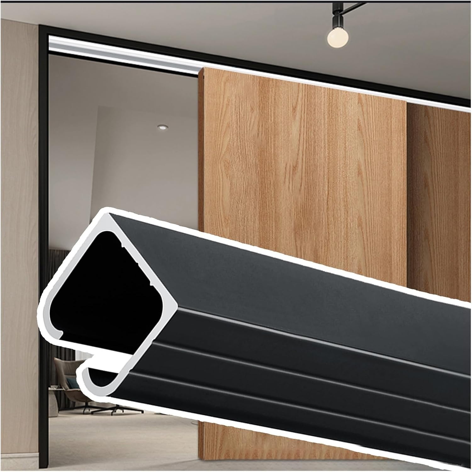 AMUFJJ Pocket Door Track Kit 20 24 30 48 60 72 Inch, Concealed Shower/Closet/Barn Door Hardware Set with 8-Wheels Hanger/Door Bumpers/Floor Guide(Black,68in/172.7cm)