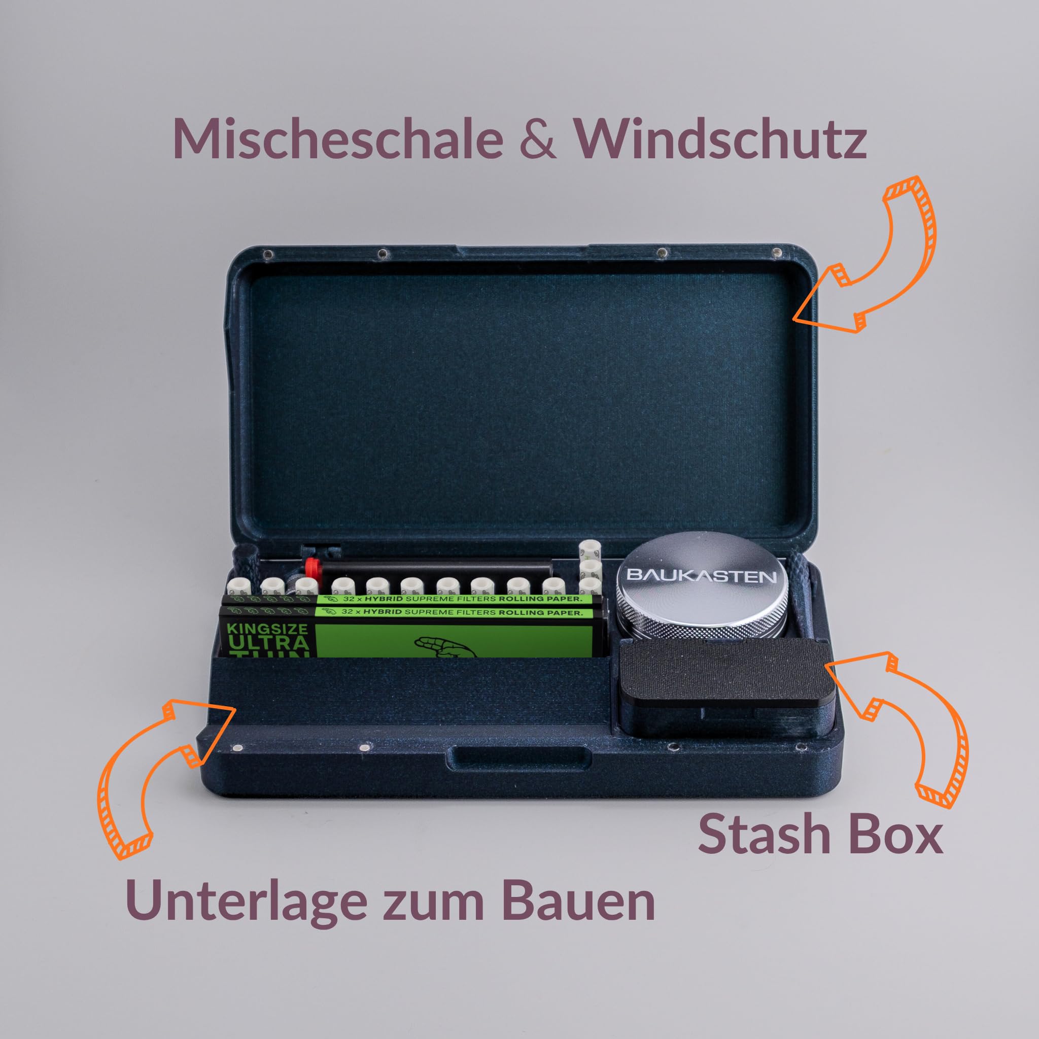 ORIGINAL mit Zubehör & Grinder - Organisierte & mobile Bau-Box mit Rolling Tray für bestes Bauen überall, sicheren Transport, sowie diskrete Aufbewahrung von allen Smoking Utensilien