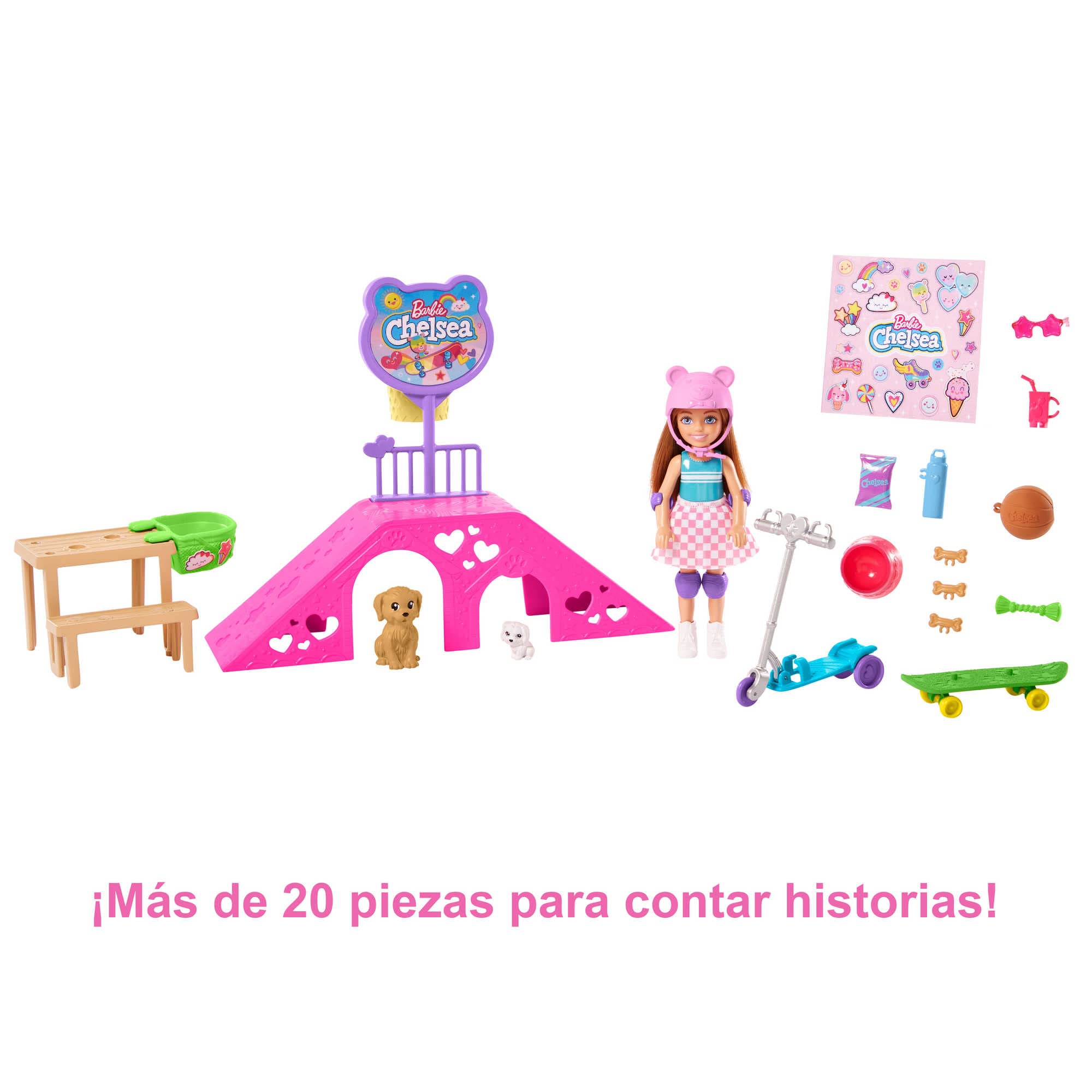 Barbie Chelsea Parque de Skate Muñeca con patinetes, Mascotas y Set de Juego con Accesorios, Juguete de Regalo +3 años (Mattel HJY35)