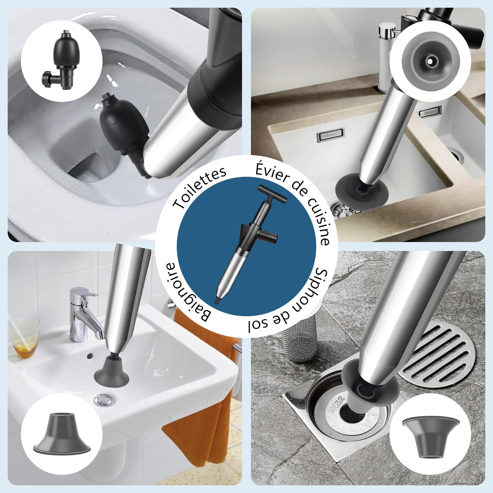 InShareplus - Desatascador de inodoro 5 en 1 de alta presión con barómetro – Desatascador de tuberías con 4 ventosas, guantes y ganchillo, para inodoro, lavabo, bañera, suelo – negro