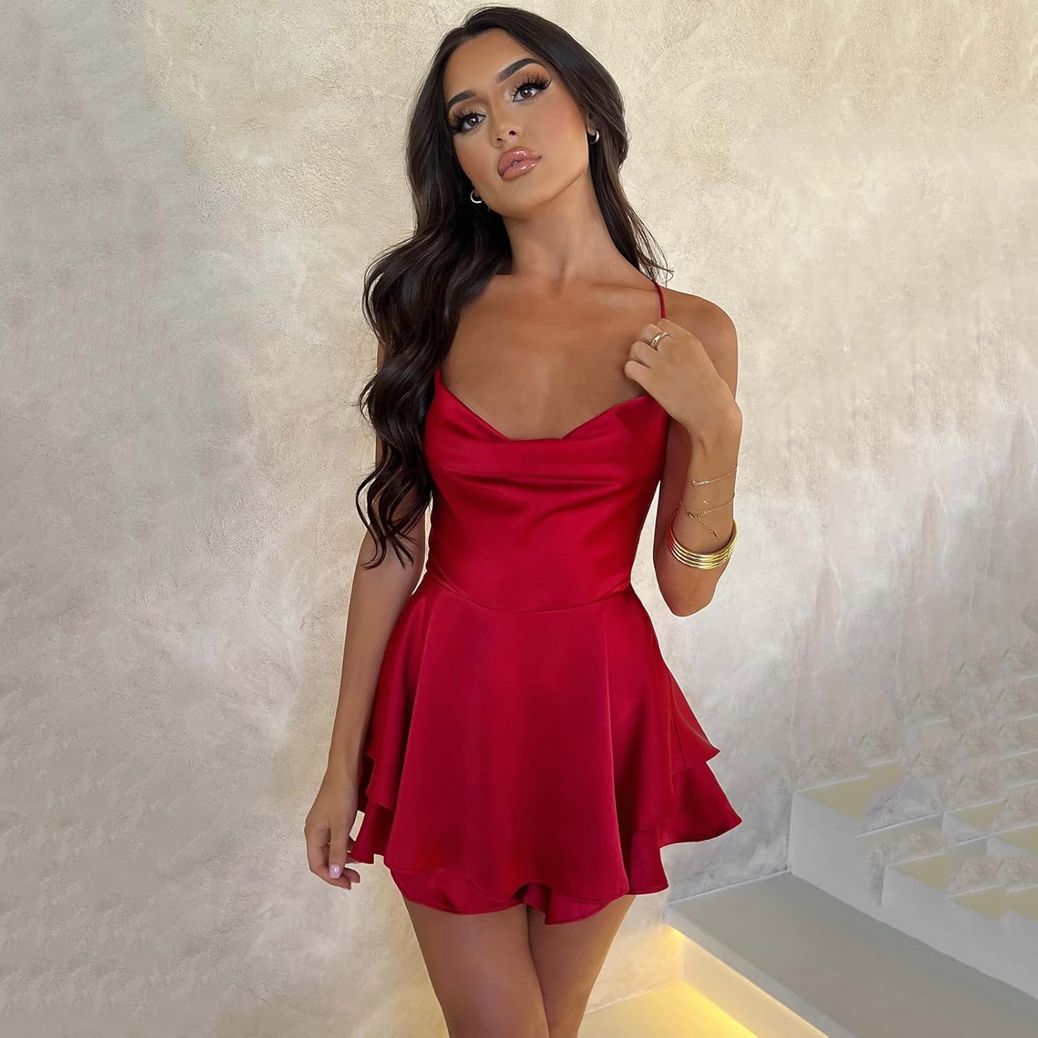 Women Sexy Spaghetti Strap Satin Dress Sleeveless Low Cut Backless Short Romper Dress Party Jumpsuit Mini Sundress - Image 3