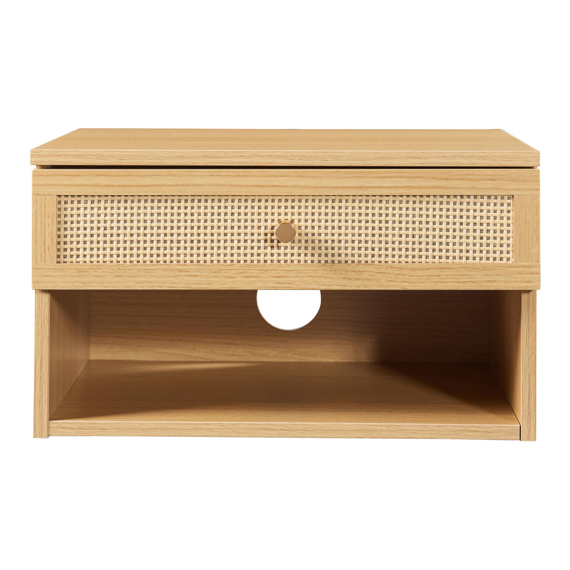 [en.casa] Comodino da Parete con Cassetto e Scomparto Aperto Consolle a Muro con Foro Passacavi Mobiletto Sospeso da Ingresso Soggiorno 40x32x23 cm Effetto Rovere/Rattan