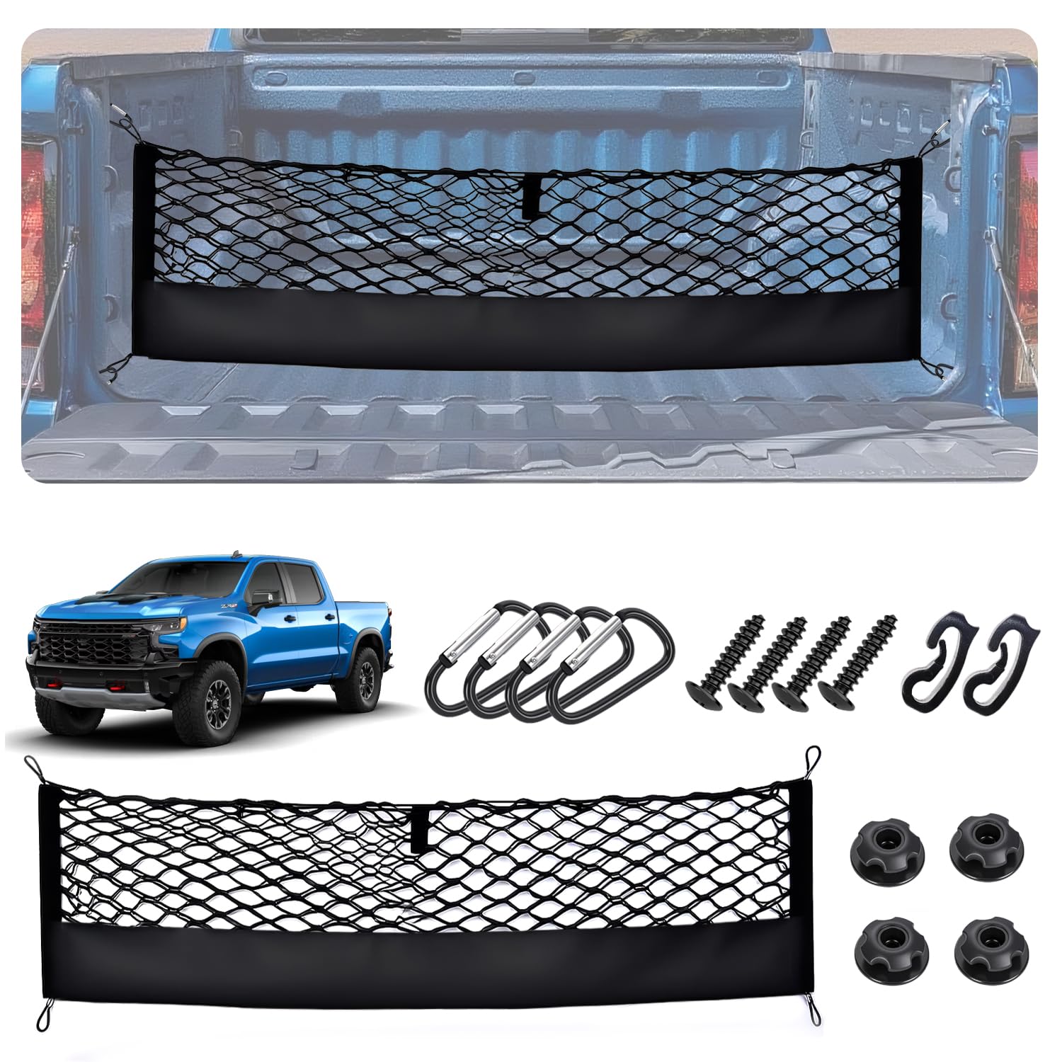 Truck Bed Cargo Net for 2019-2026 Chevy Silverado&amp;GMC Sierra 1500/2500HD/3500HD Accessories, Envelope Style Trunk Mesh Cargo Net, Heavy Duty&amp;Double-Layer Nylon Storage Rear Netting Holder Organizer