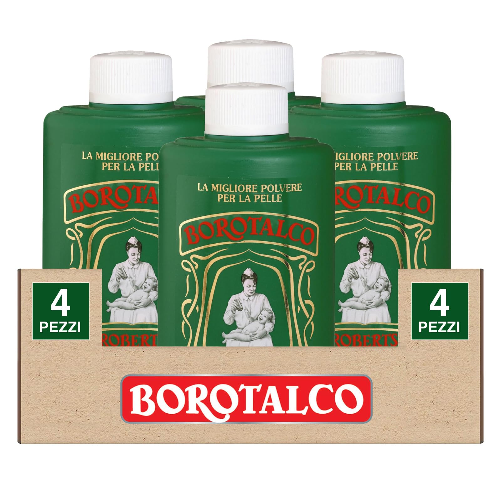 Borotalco Roberts Polvo de talco multifuncional, súper absorbente y refrescante, también para pieles sensibles para adultos y niños, 4 botellas de 200 g