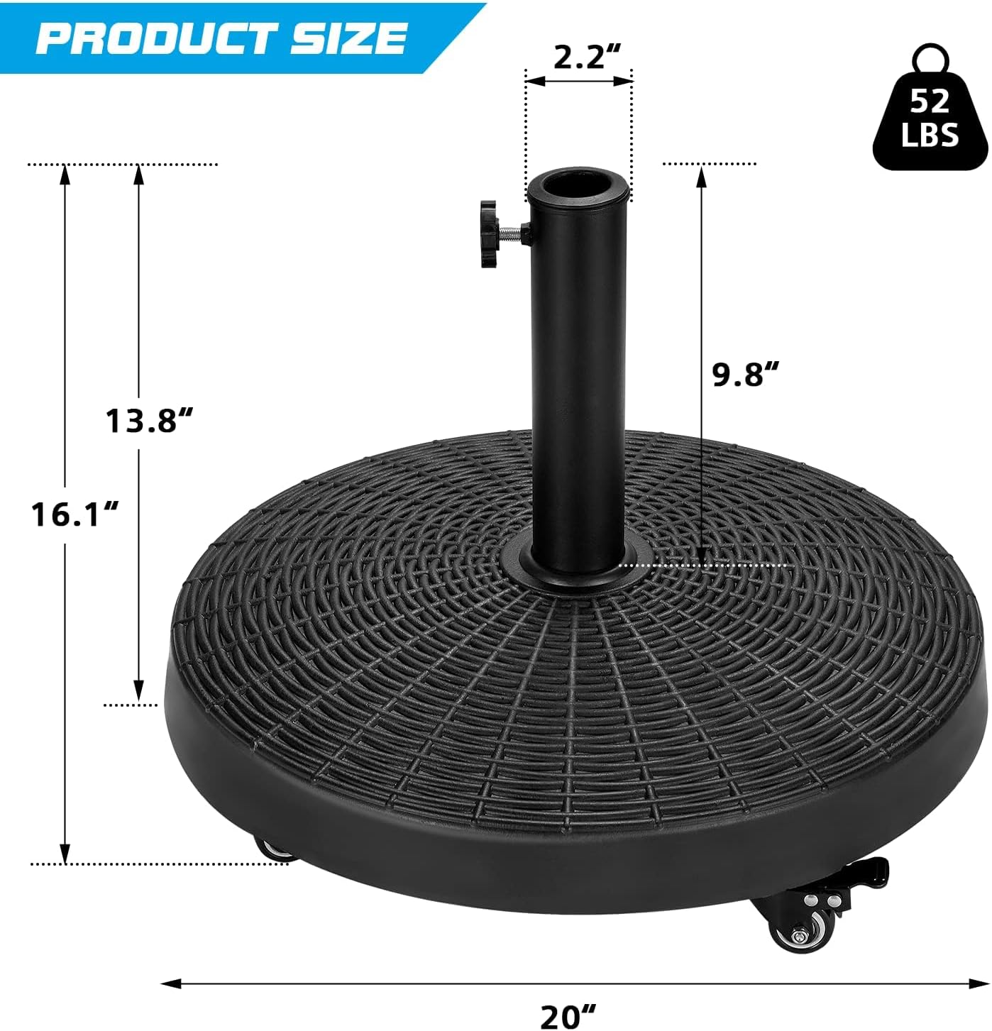 52LBS Umbrella Base, Umbrella Stand with Brakeable Wheels, Patio Umbrella Base Heavy Duty for Outdoor 1.5''~1.89'' Market Umbrella, Resin Umbrella Holder for Patio Deck Porch Poolside, Black