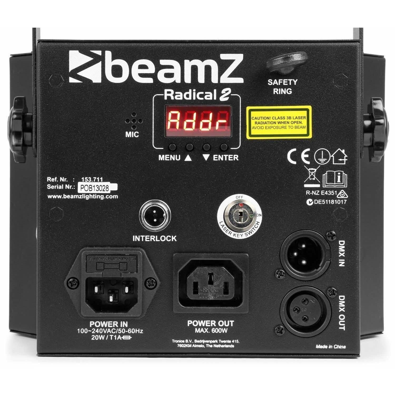 beamz Radical 2 • Effetto Luminoso 3in1 • 4X LED 3W RGBW • 4 Canali DMX • modalità Standalone • Effetto Derby, Laser e Strobo • Programmi Predefiniti • Telecomando Incluso • Laser Rosso/Verde