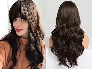 LANGDERUI Brown Wig with Bangs Long Wigs for Women Natural Wavy Brunette Heat Resistant Fiber Synthetic for Daily Party (Dark Brown)
