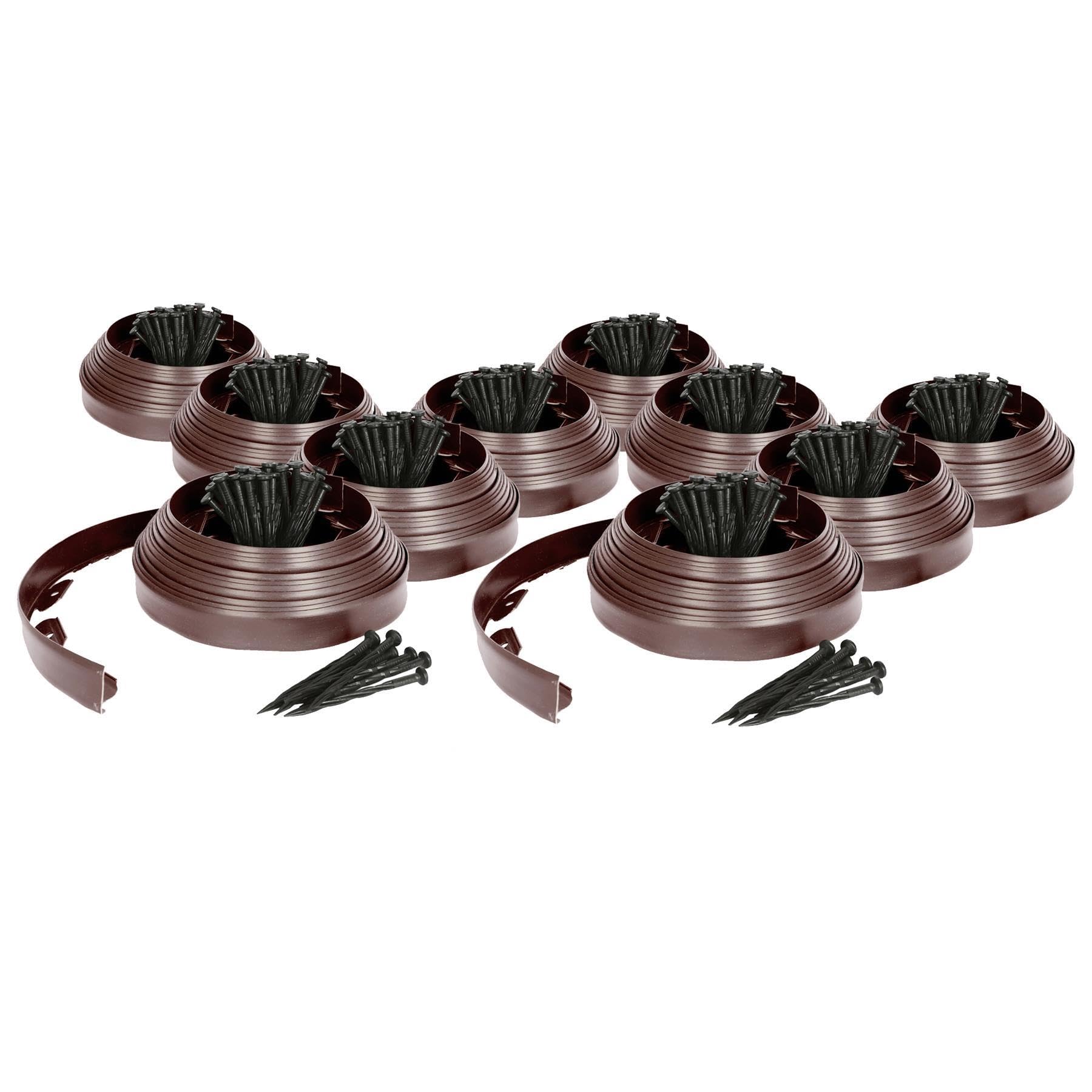 Harbour Housewares 100m Flexible Lawn Edging with 400 Pegs - Brown - Plastic Garden Edging Grass Border Flower Bed Stone Path Edge Height 4cm Patio Landscaping Divider Palisade