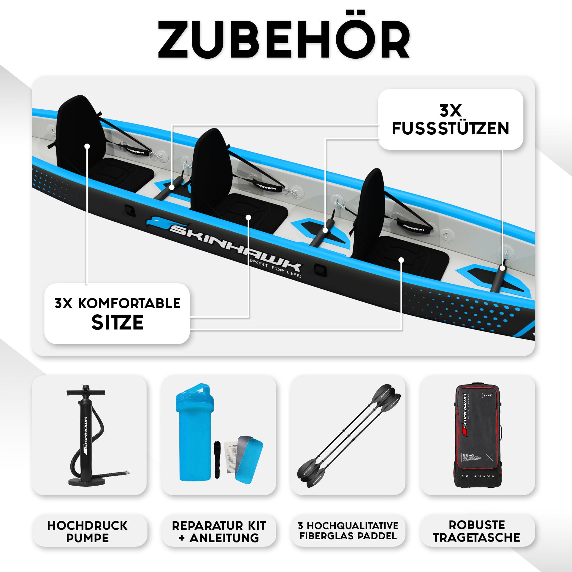 SKINHAWK Premium Drop Stitch Kajak 490 Blau, Schlauchboot, Kanu, zum Aufblasen, Adventure Kajak 490 x 85 cm