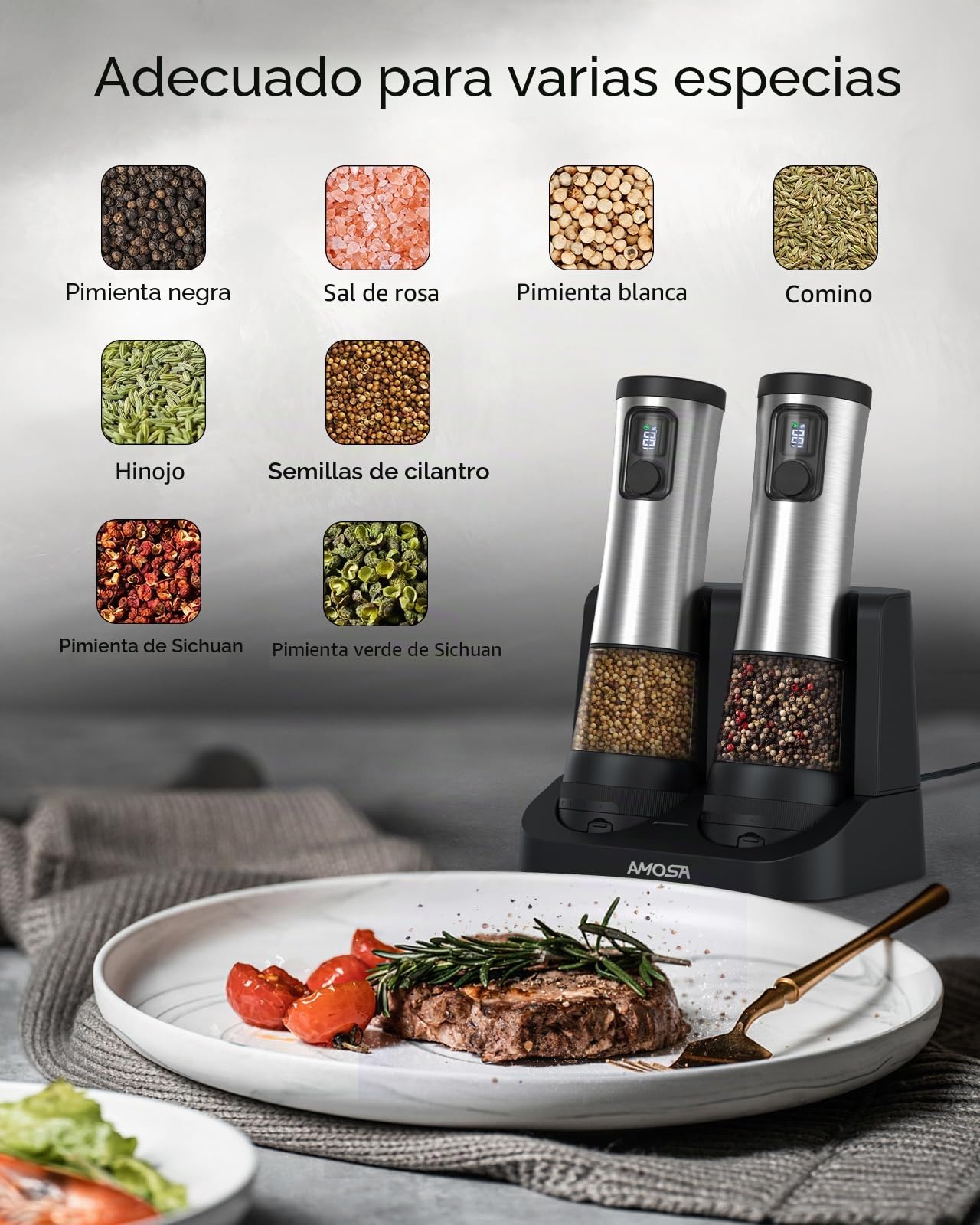 AMOSA Juego de Molinillo Pimienta Electrico de Sal, con 5 Tamaños de Grano & 2 Velocidades Ajustables, Base Recargable con Pantalla de Batería, Saleros de Cocina Automática acero Inoxidable con LED