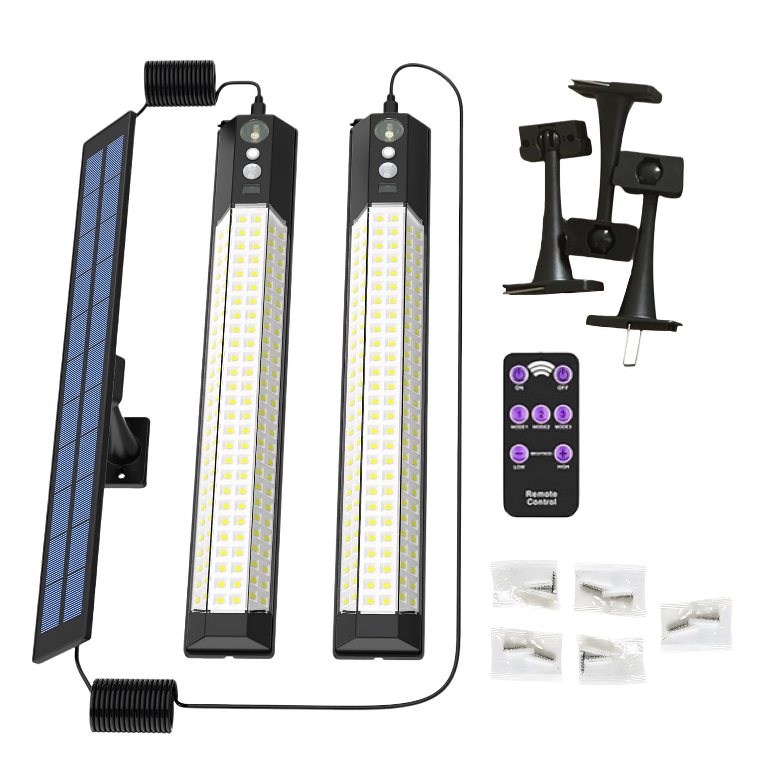 Solar Sensor Lights Outdoor, 1-to-2 Powerful Lighting Strip with Remote Control, Motion Sensor, Independent Solar Panel, 3 Modes, Waterproof, for Garden, Yard, Camping