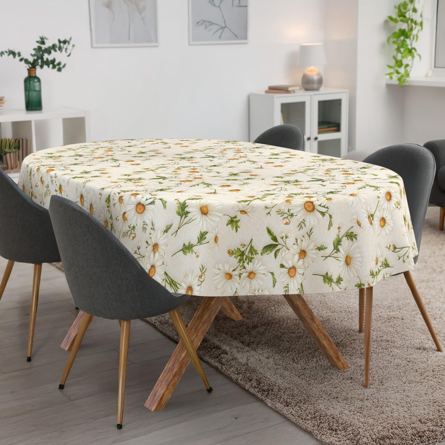 ANRO Nappe Lavable, Motif Marguerites Blanches, Ovale, 240 x 140 cm, imperméable, pour l'intérieur et l'extérieur, Effet Lotus, Bord coupé