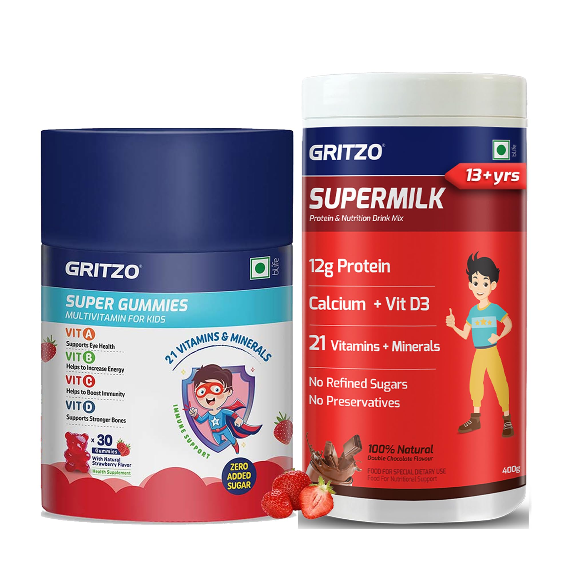 Gritzo SuperMilk Overall Growth (13+y Boys) Powder with Super Gummies (Double Chocolate, 400g & Strawberry, 30 Gummies) (Combo Pack)