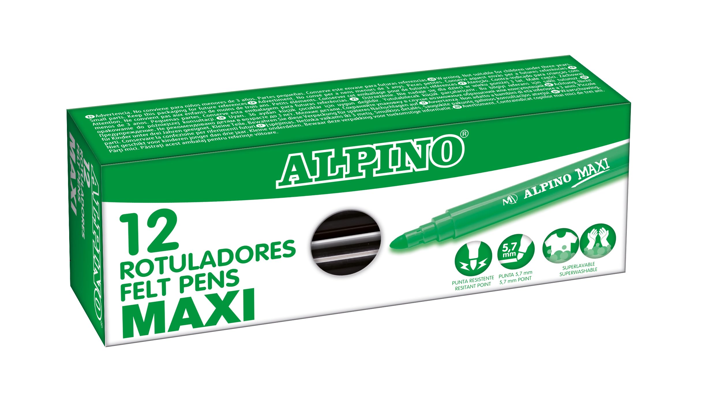 Alpino - Estuche 12 Rotuladores Maxi Negro | Rotuladores Superlavables para Niños | Rotuladores Superbrillantes Escolares | Rotuladores Punta Gruesa 5,7 mm | Larga Duración y Resistencia