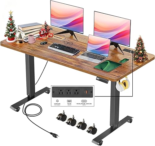 Electric Adjustable Height Standing Desk, 48×24 Inches Sit Stand Desk with Power Socket, 2 USB Ports, 3 Power Outlets, 4 Wheels,4 Memory Buttons