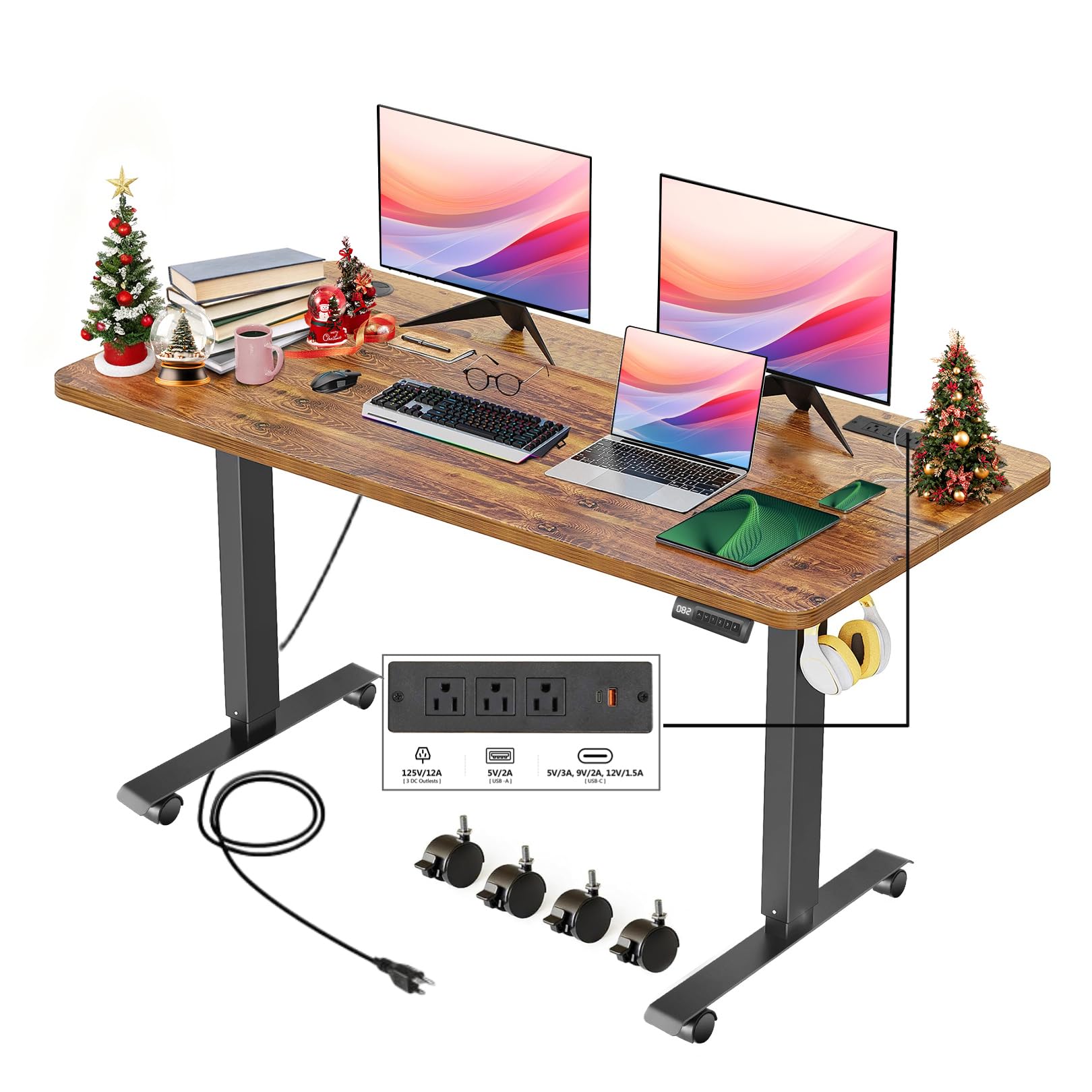 Legooin Electric Adjustable Height Standing Desk, 48×24 Inches Sit Stand Desk with Power Socket, 2 USB Ports, 3 Power Outlets, 4 Wheels,4 Memory