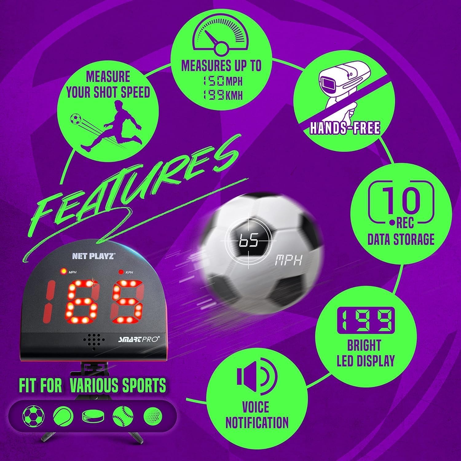 Equipo y Equipo de Entrenamiento de fútbol: Radar, sensores de Velocidad (Manos Libres), Pistolas de Velocidad de Disparo para Jugadores de fútbol