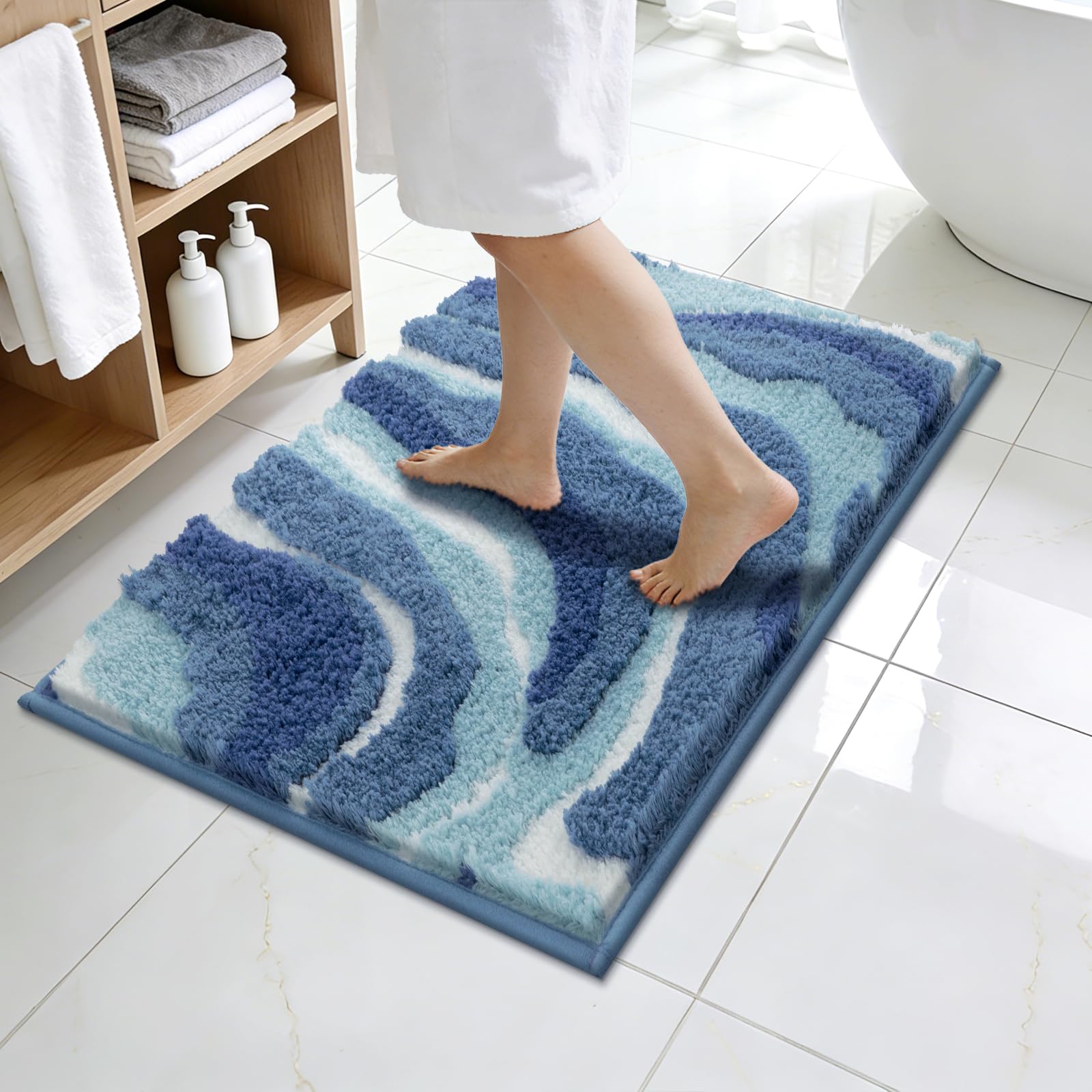 Enyhom Badematte rutschfest 45 x 65 cm, Weicher Dicker Blau Badezimmerteppich Waschbar Badteppich, Super Saugfähig Flauschig Schnelltrocknend Duschvorleger, Mikrofaser Klein Bad Teppich für Badewanne