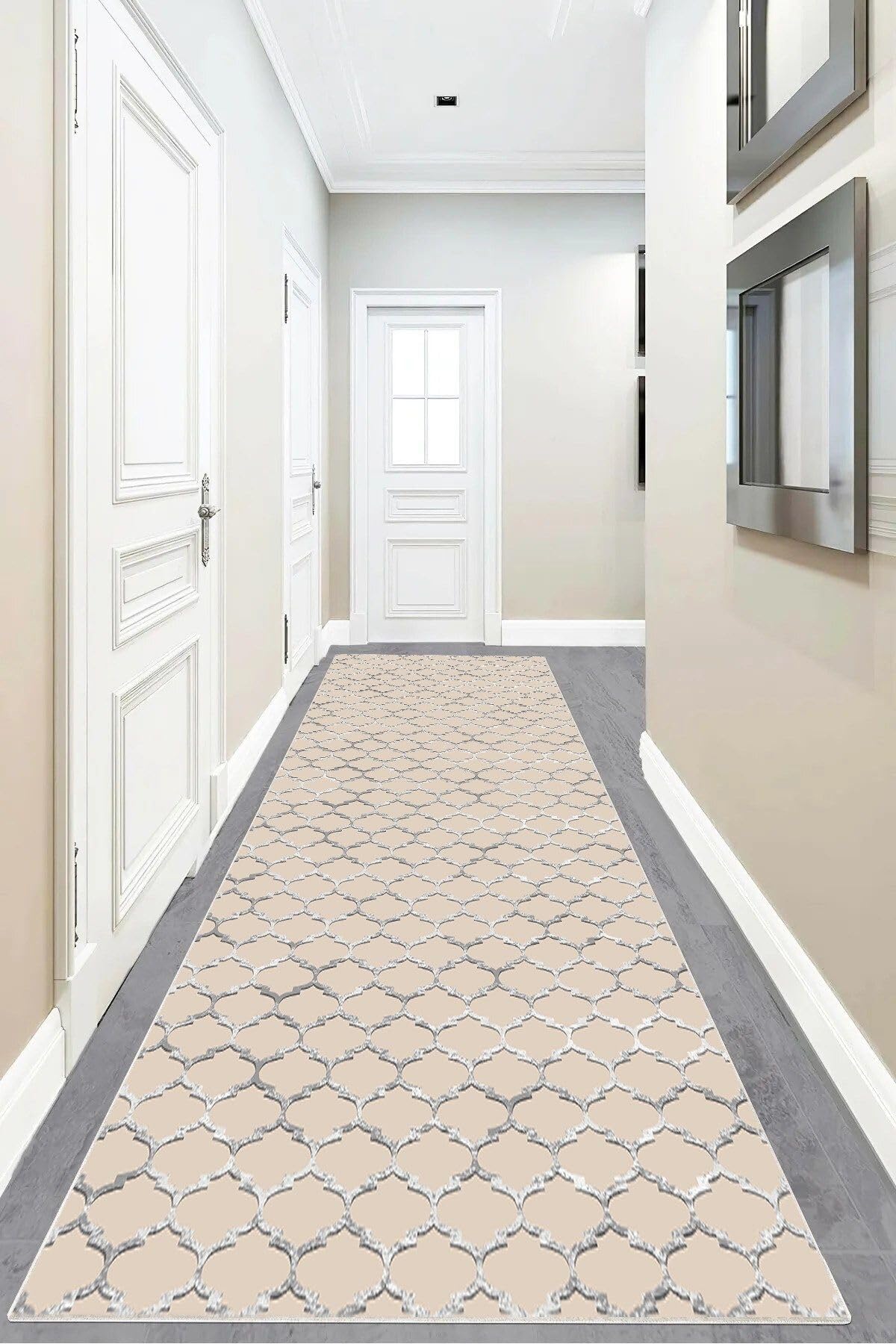 Pelangi Geometrik Desenli Dijital Baskı Yıkanabilir Kaymaz Taban Klasik Salon Halısı, Bej 80 x 350, 9554140803507