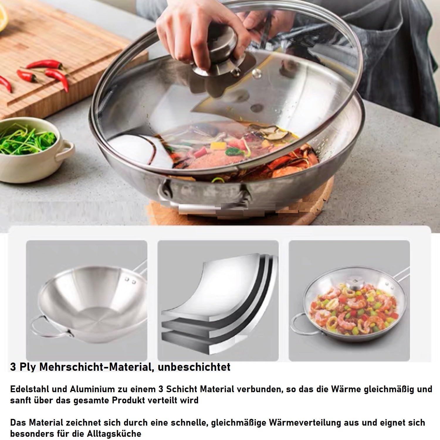 Zwilling TwinNova3 Wokpfanne 30cm + Schmorpfanne 24 cm mit 2x Glasdeckel, 4 tlg, Wok + Schmor Pfanne Unbeschichtet, Spülmaschinenfest, rutschfester Griff, FÜR ALLE HERDARTEN, Silber