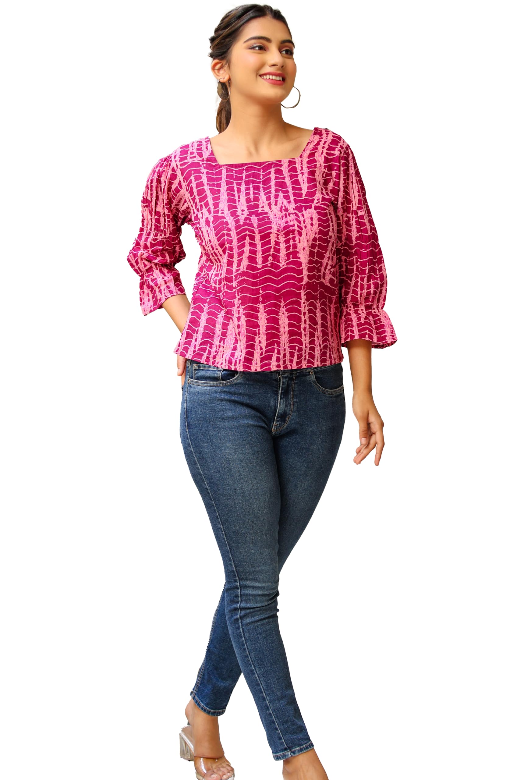 Women’s Pure Cotton Printed Straight Top Tie-Dye Pattern Casual Tunic with 3/4 Bell Sleeves Stylish Round Neck Regular Fit Top for Women-image-20