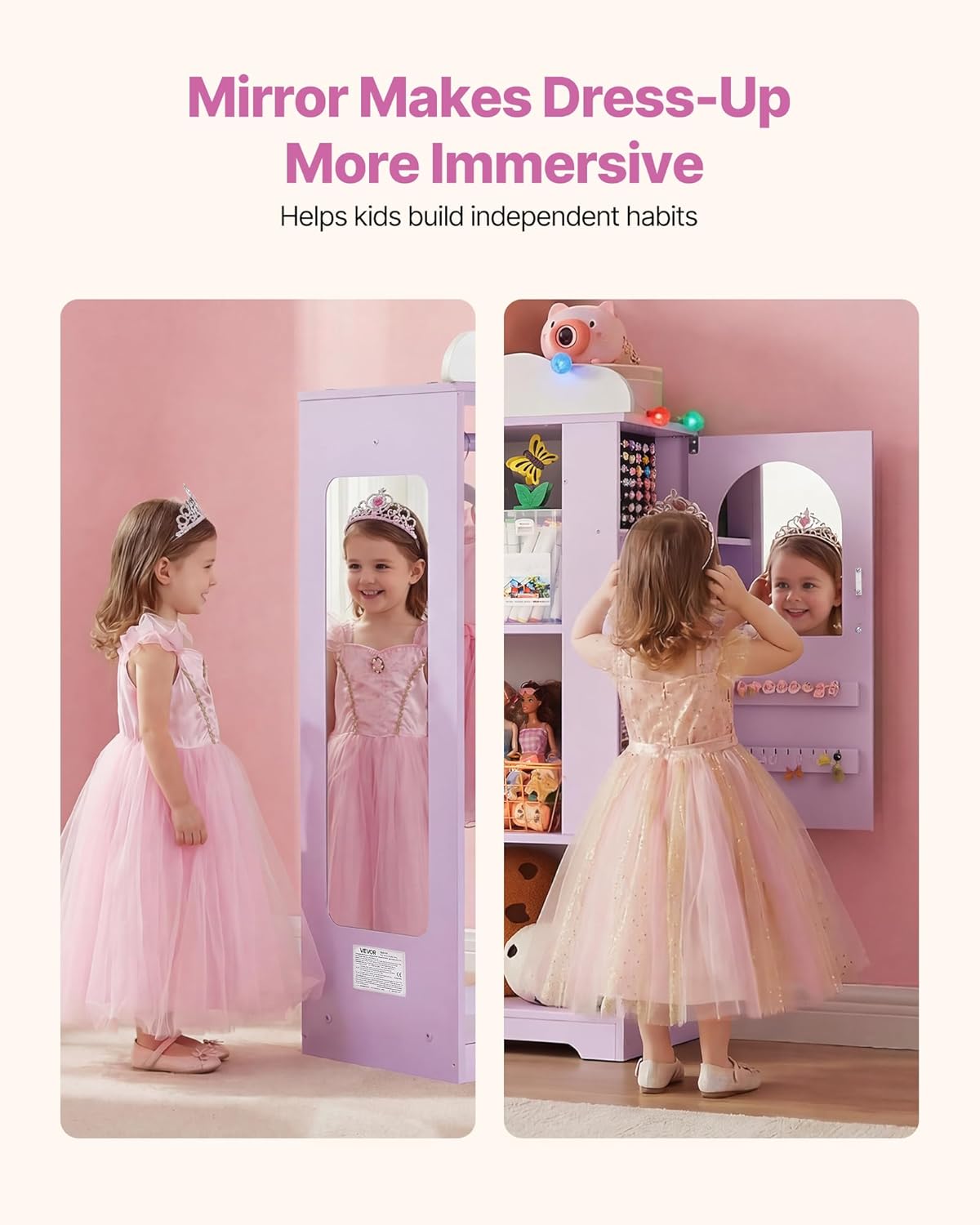 VEVOR Kids Dress Up Storage, with Jewelry Cabinet, Dress Up Closet with Mirror and Shelves, Princess Costumes Wardrobe Closet, Toddler Costume Organizer Armoire, for Bedroom, Kids Room, Girls, Purple