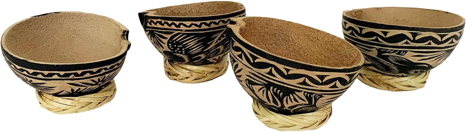 Mezcal Jicaras (Small, Shot Glass Size)- Holds 2-3 Ounces -Hand-carved from Mexico with Natural Fiber Base (Black, 4)