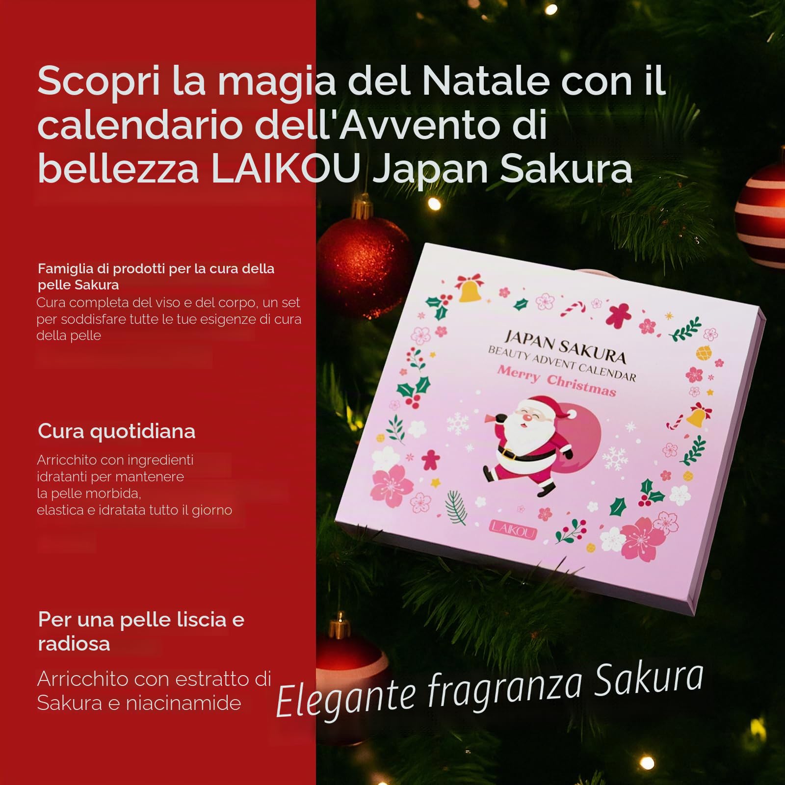 LAIKOU Calendario Dell'avvento Beauty 2025, Natale Calendario Avvento, 24 pezzi Kit per la Cura Della Pelle Sakura, Regali Natale Beauty per Donne, Ragazze e Teenager