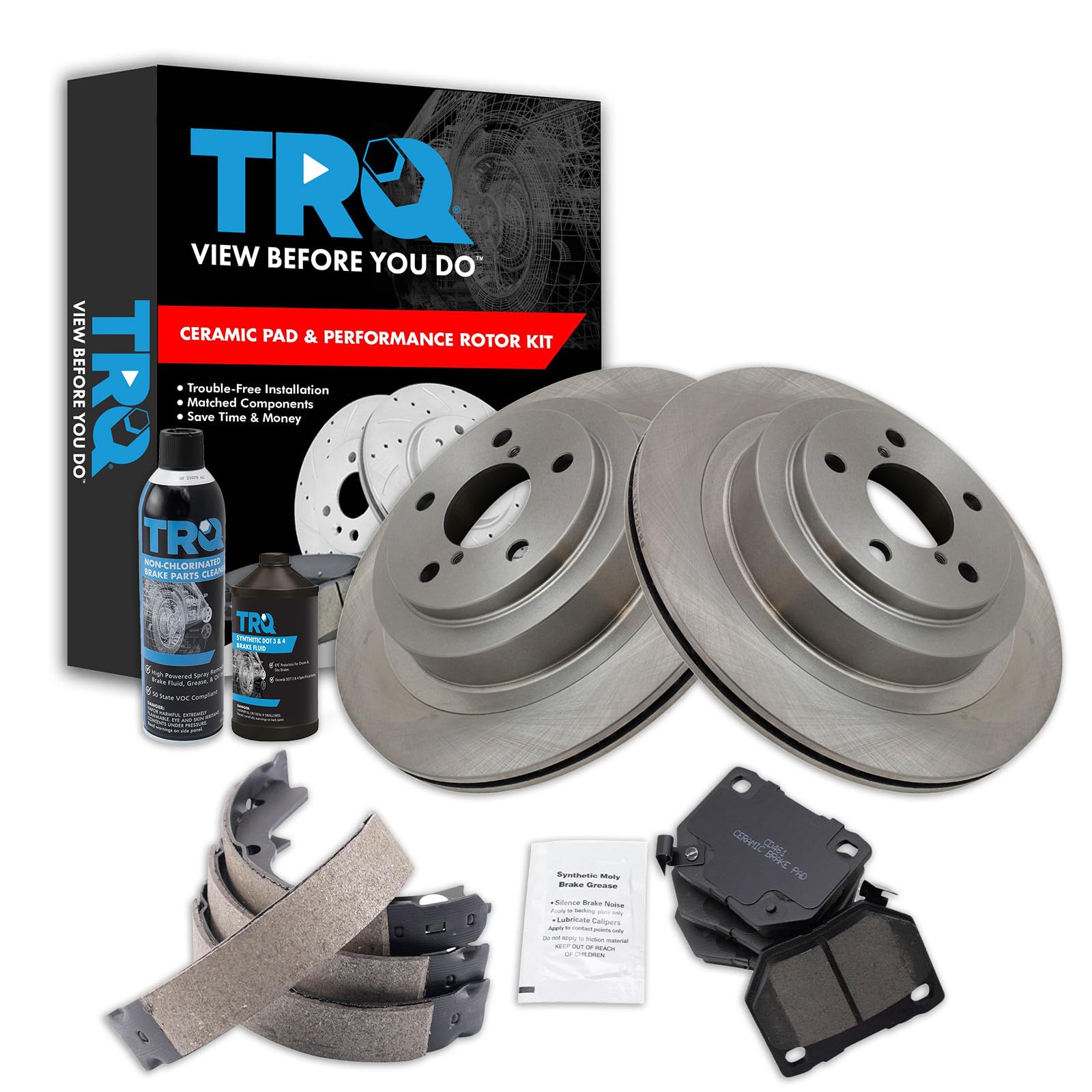 TRQ Rear Brake Pad &amp; Rotor Kit, with Chemical Kit Parking Brake Shoe Set Ceramic Compatible with 2006-2007 Subaru Impreza