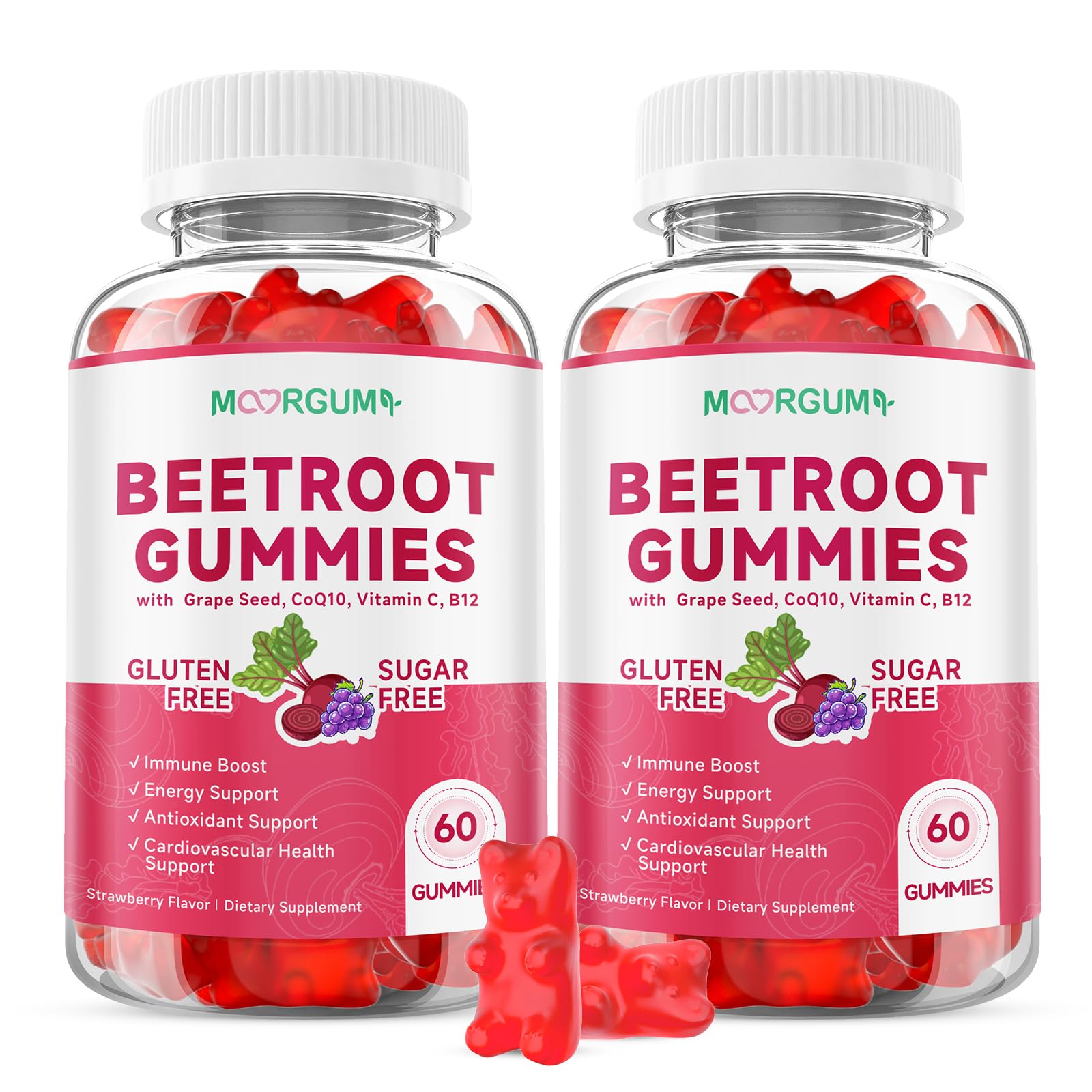 Beetroot Gummies with Grape Seed, Niacin, CoQ10, Vitamin C, B12, L-Citrulline & L-Arginine, Antioxidant Support, Sugar-Free Beet Root Supplement for Women & Men, 120 Count 60 Count (Pack of 2)