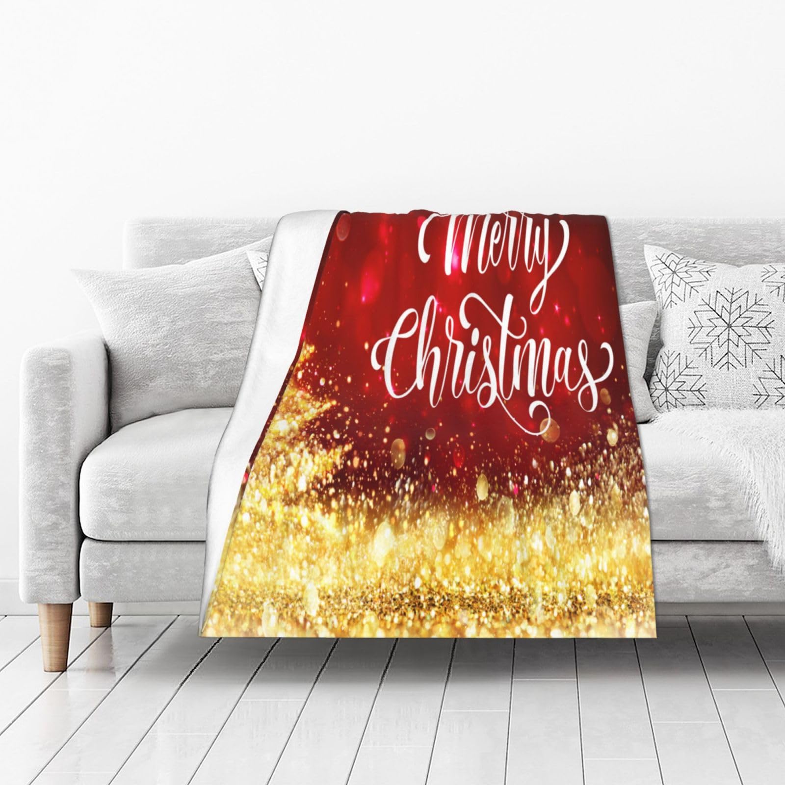Throw Blanket Merry Christmas Red Gold Bed 40 x 50 Inch Soft Lightweight Fluffy Warm for Sofa Couch All Seasons Cozy Cover Quilt