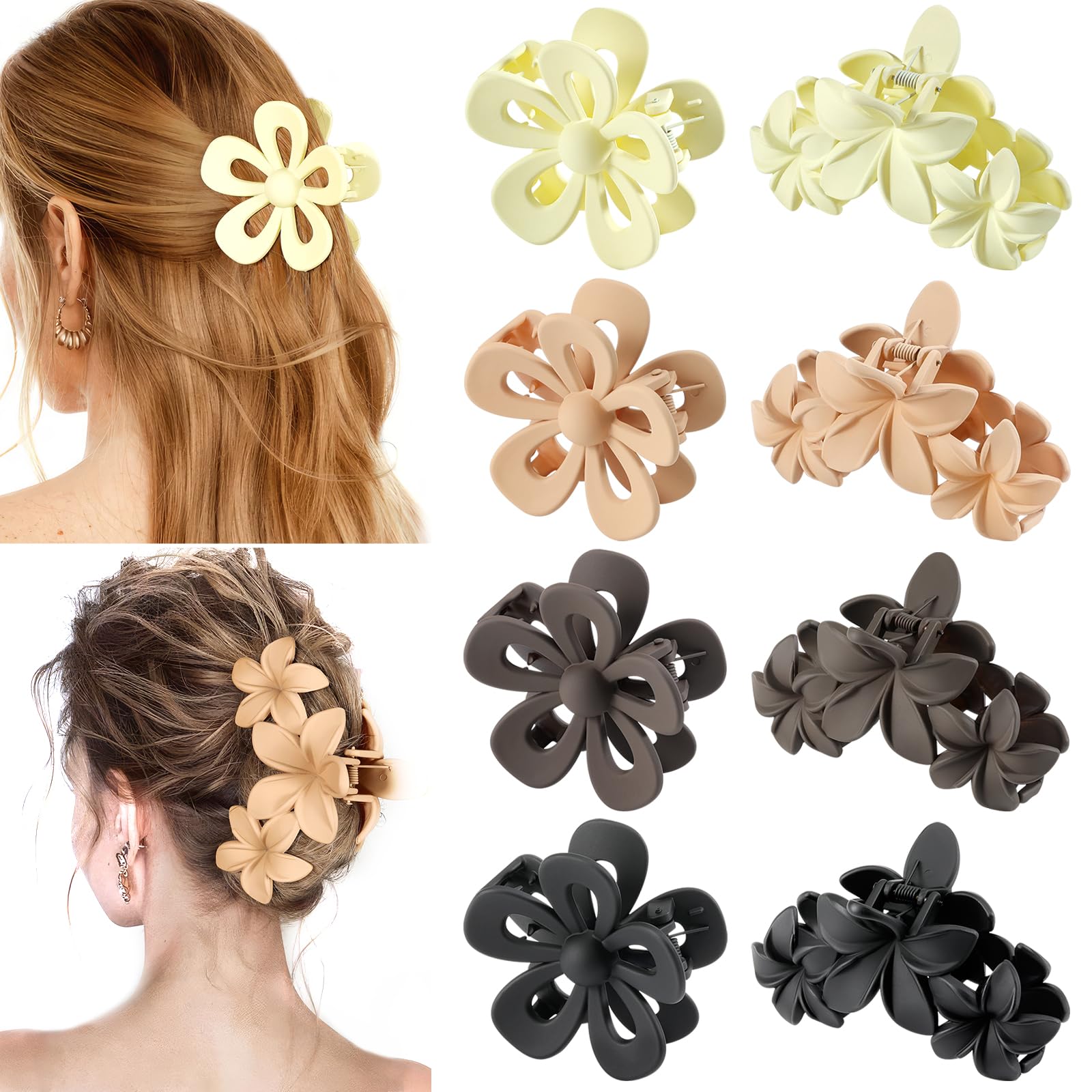 Shinowa 8 Pcs Floral Hair Clips for Women Girls 4.5" Flower Clips for Thick and Fine Hair, Large Strong Hold Clips, Small Hair Clips for Styling, Hair Accessories