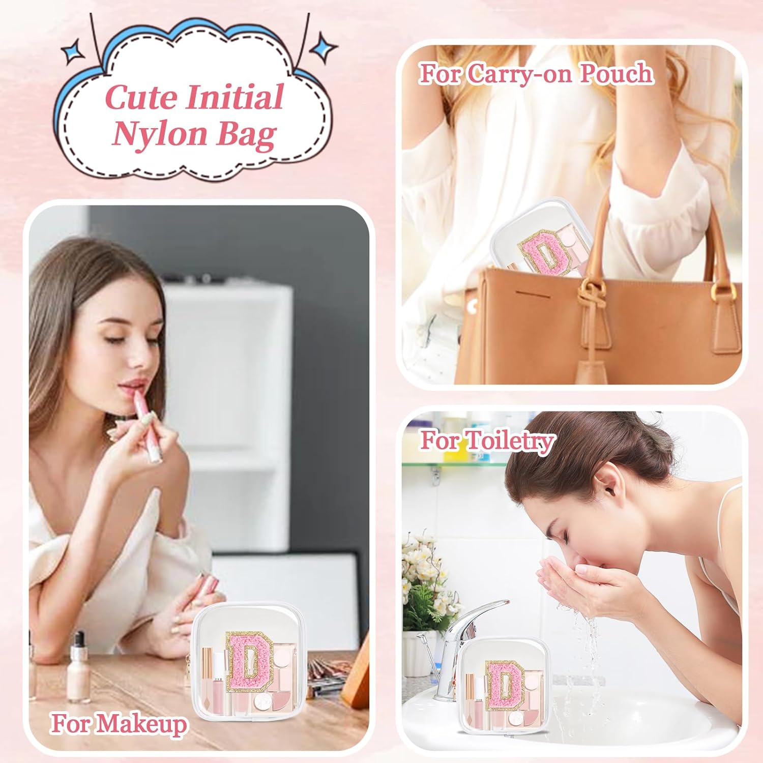 Mini Clear Personalized Initial Makeup Bag,Nylon Preppy A-Z Chenille Letter Patch Zipper Cosmetic Bag, Small Cute Beach Pouch Travel Purse Sanitary Napkin Storage Bag for Women Girls(White-Pink D) - Image 5
