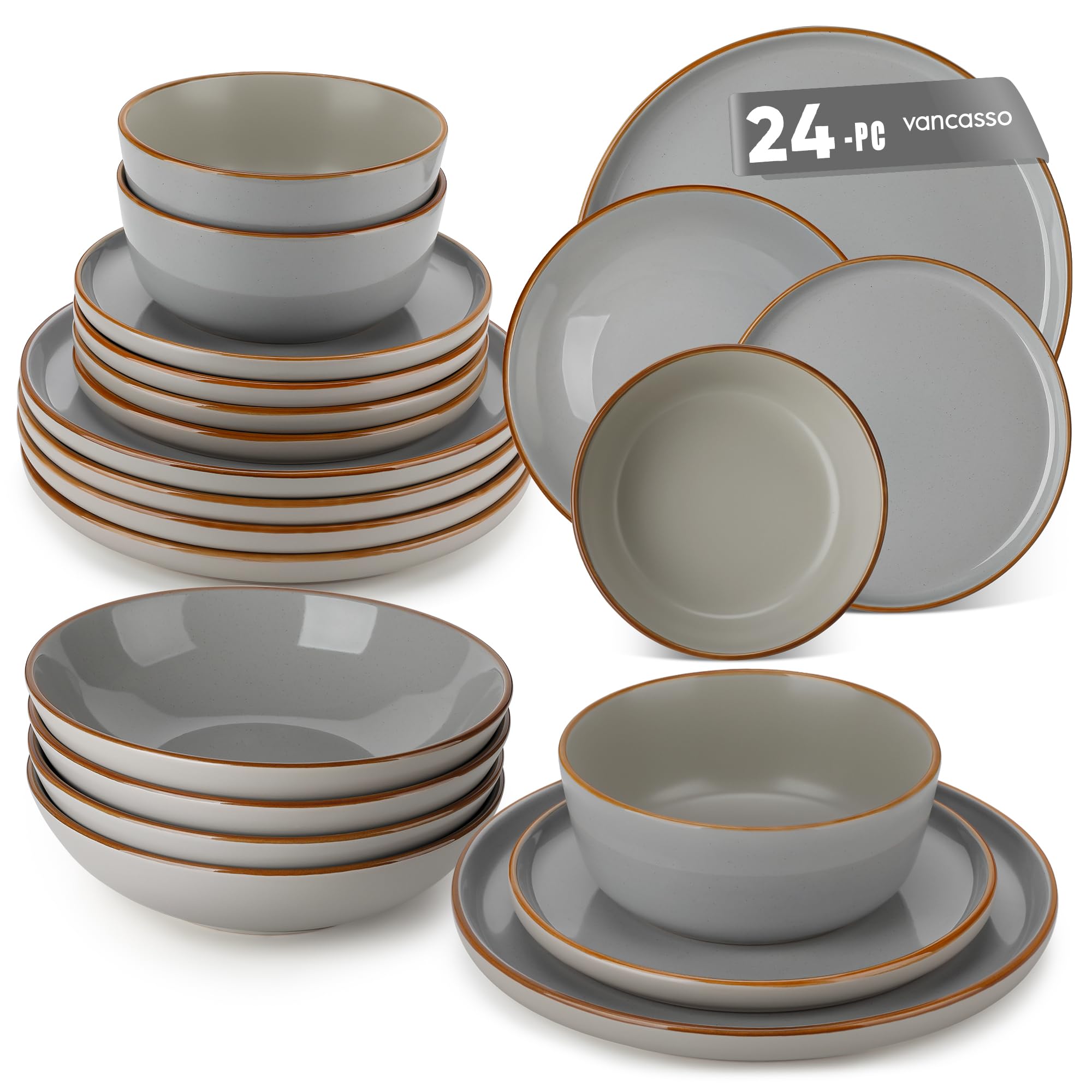 vancasso Reno Stoneware Dinner Set for 6, 24 Pieces Plates and Bowls Set with Dinner Plates, Dessert Plates, Cereal Bowls & Soup Bowls, Grey Speckled Crockery Set, Chip & Scratch Resistant