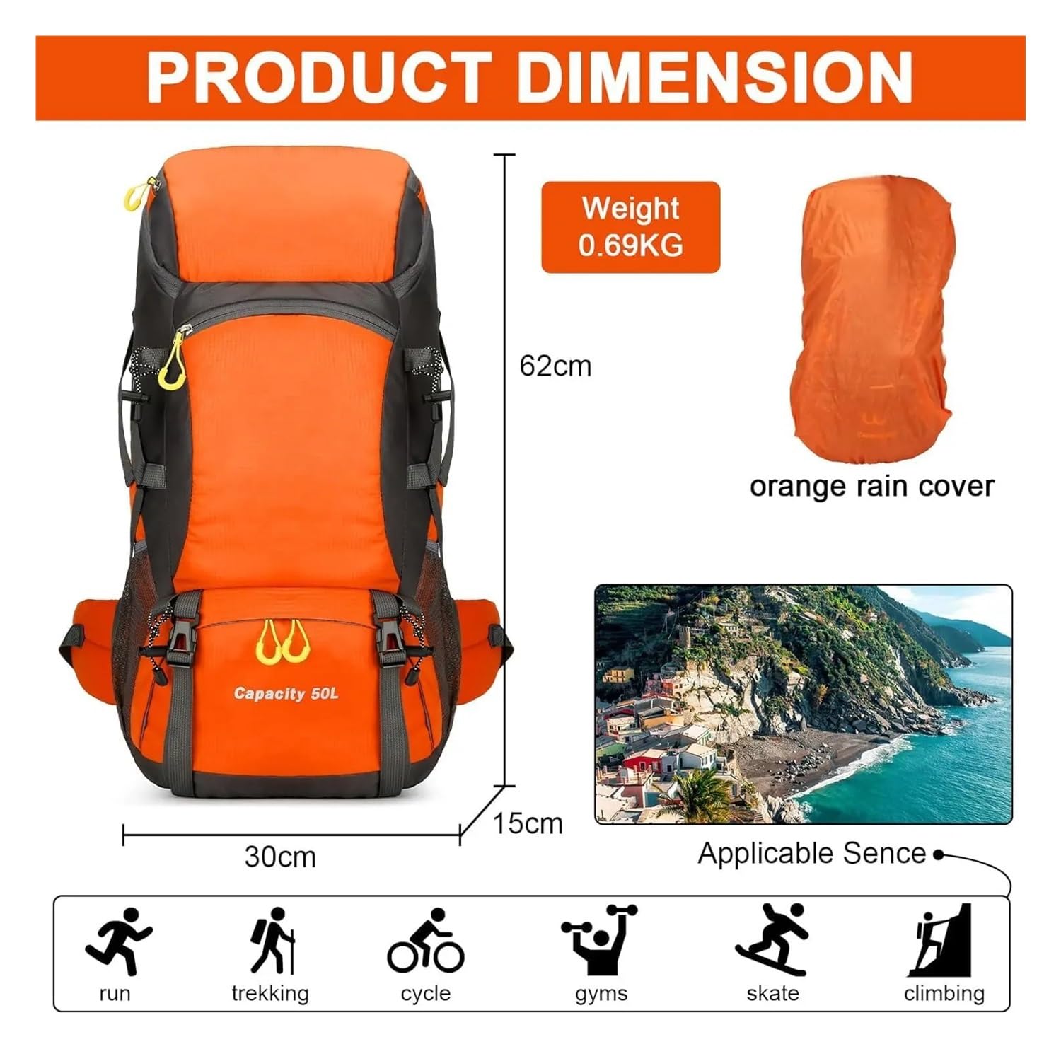 Mochila de senderismo impermeable de 50 litros, ligera, con cubierta para lluvia, para camping, senderismo, senderismo, deportes al aire libre