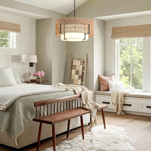 Miniatura 6 de Candelabro de ratán bohemio, lámpara colgante de ratán de 19.7 pulgadas con pantalla de tela, lámpara de techo estilo granja de 4 luces con