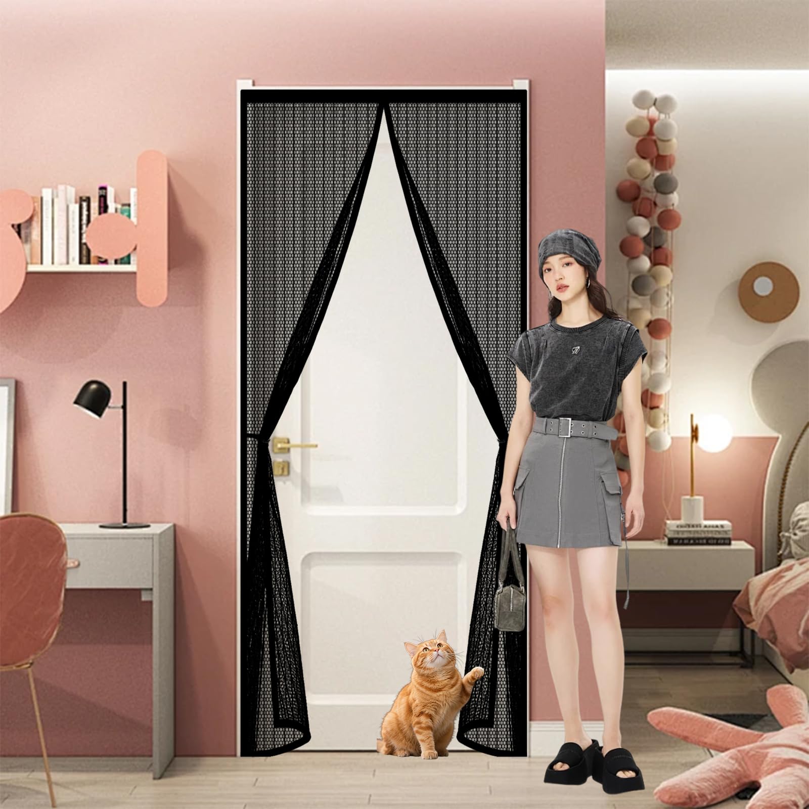 Qenhyun Black Door Fly Screen 240 X 185 Cm Keep Bugs Out, Full Frame Magic Tape, Powerful Magnets, Self Sealing, No Drill Installation, Magnetic Door Fly Screen For Balcony Bedroom Doors,