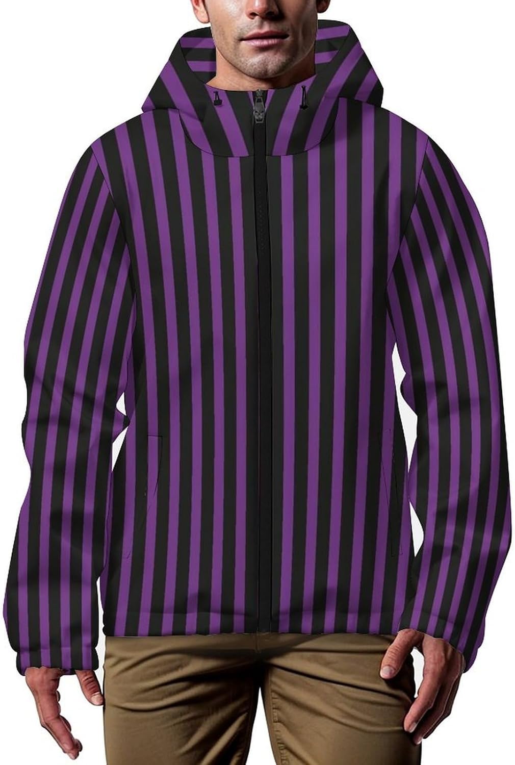 Red And Black Wavy Stripes Men's Windbreaker Jacket Lightweight Hooded Windbreaker Coat with Pockets