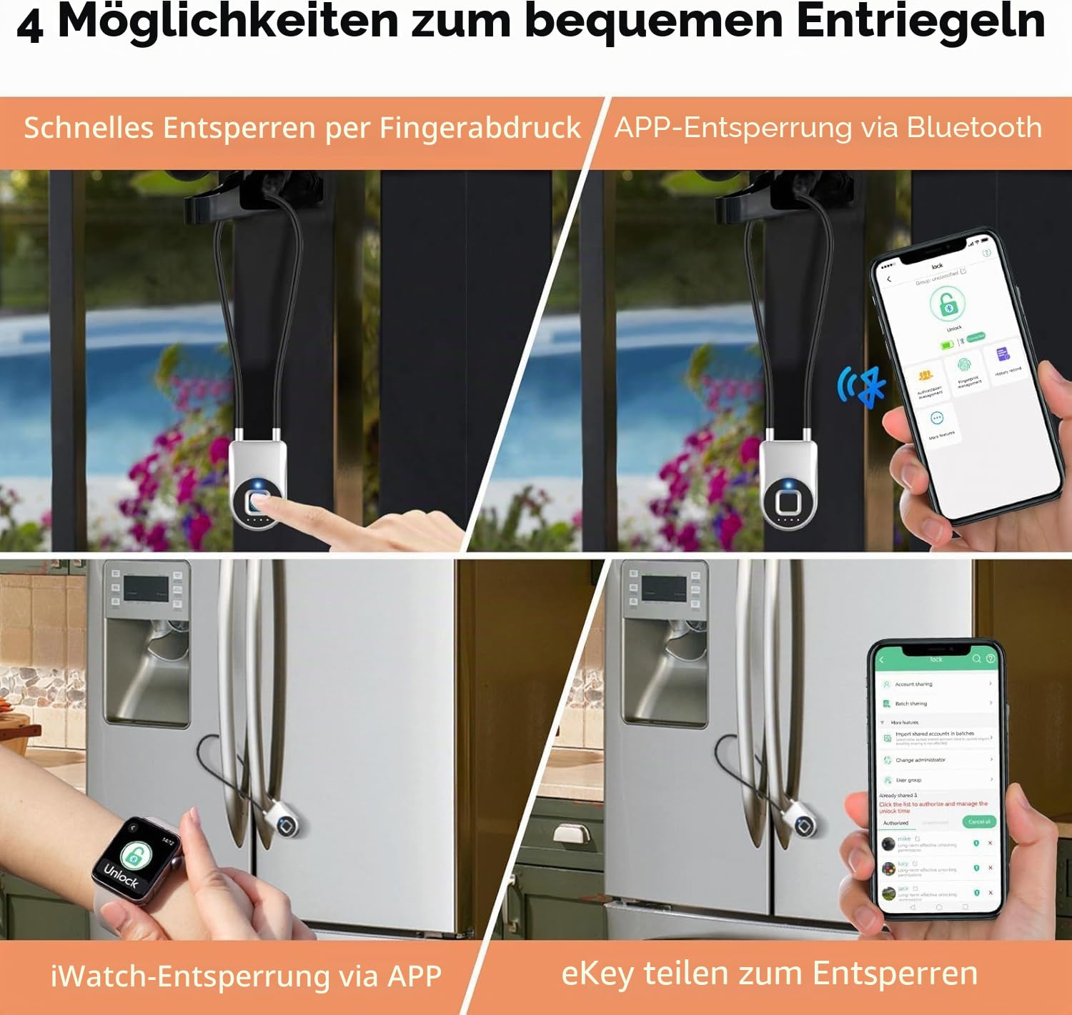 elektronisches Kabelschloss eLinkSmart Fahrradschloss Fingerabdruck mit Fingerabdruck/Telefon-App: 38CM Länge wasserdicht schlüsselloses Kabel-Schloss