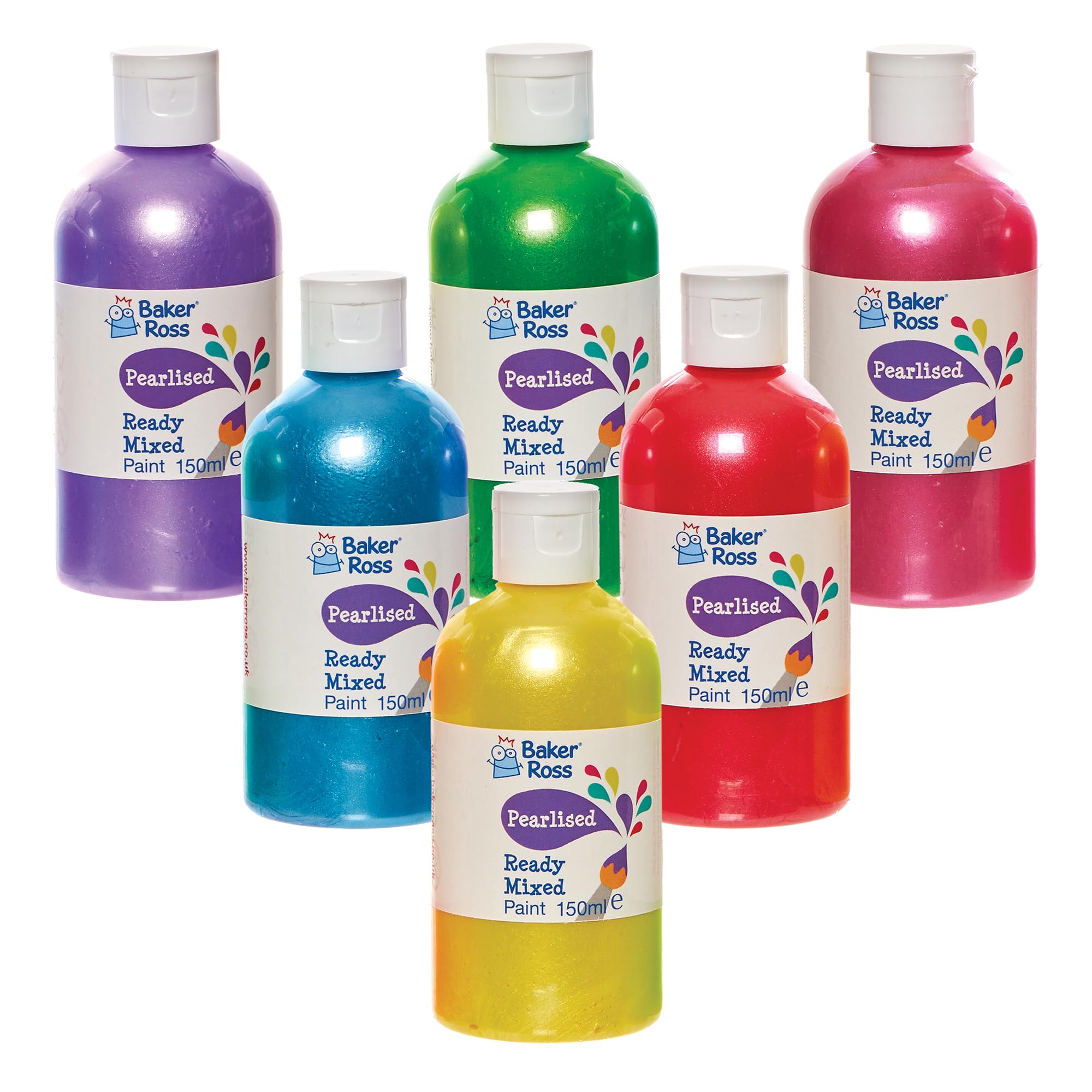 Baker Ross FN254 Pearlised Ready Mixed Poster Paint Pack - Pack of 6 Bottles, 150ml, Assorted Colours, Poster Paint