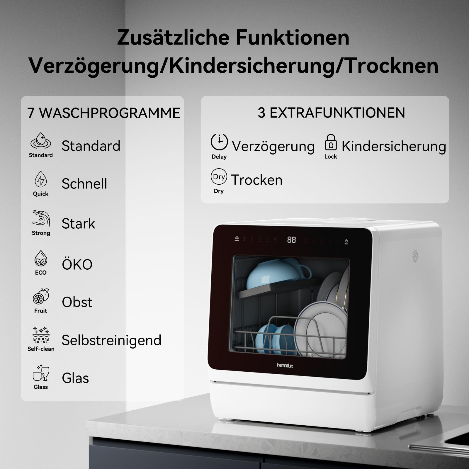 Hermitlux Tischgeschirrspüler Mini Spülmaschine 7+3 Programme 5 Maßgedecken 5L Wassertank Startverzögerung Kindersicherung