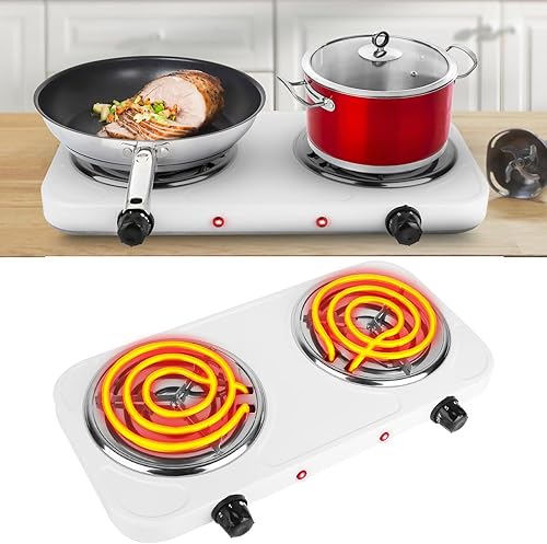 Placa caliente, estufa eléctrica portátil de 2000 W para cocinar con 5 niveles de temperatura ajustable y control doble, quemador de bobina doble
