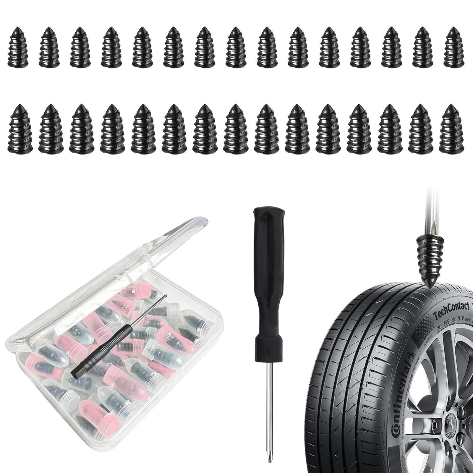 Juego de 30 tapones para neumáticos, tapones de neumáticos atornillados con 2 tamaños, destornillador y tornillo para coches, bicicletas, reparación de pinchazos de neumáticos de tractor