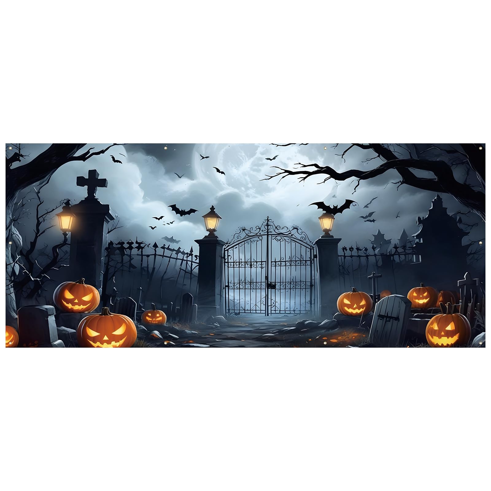XhuangTech Baner na drzwi garażowe na Halloween, motyw horroru z 10 przelotkami, poliester 100D, straszna dynia, straszna wisząca dekoracja imprezowa (15 x 40 m Jack-O-latarnia z rzeźbionym)